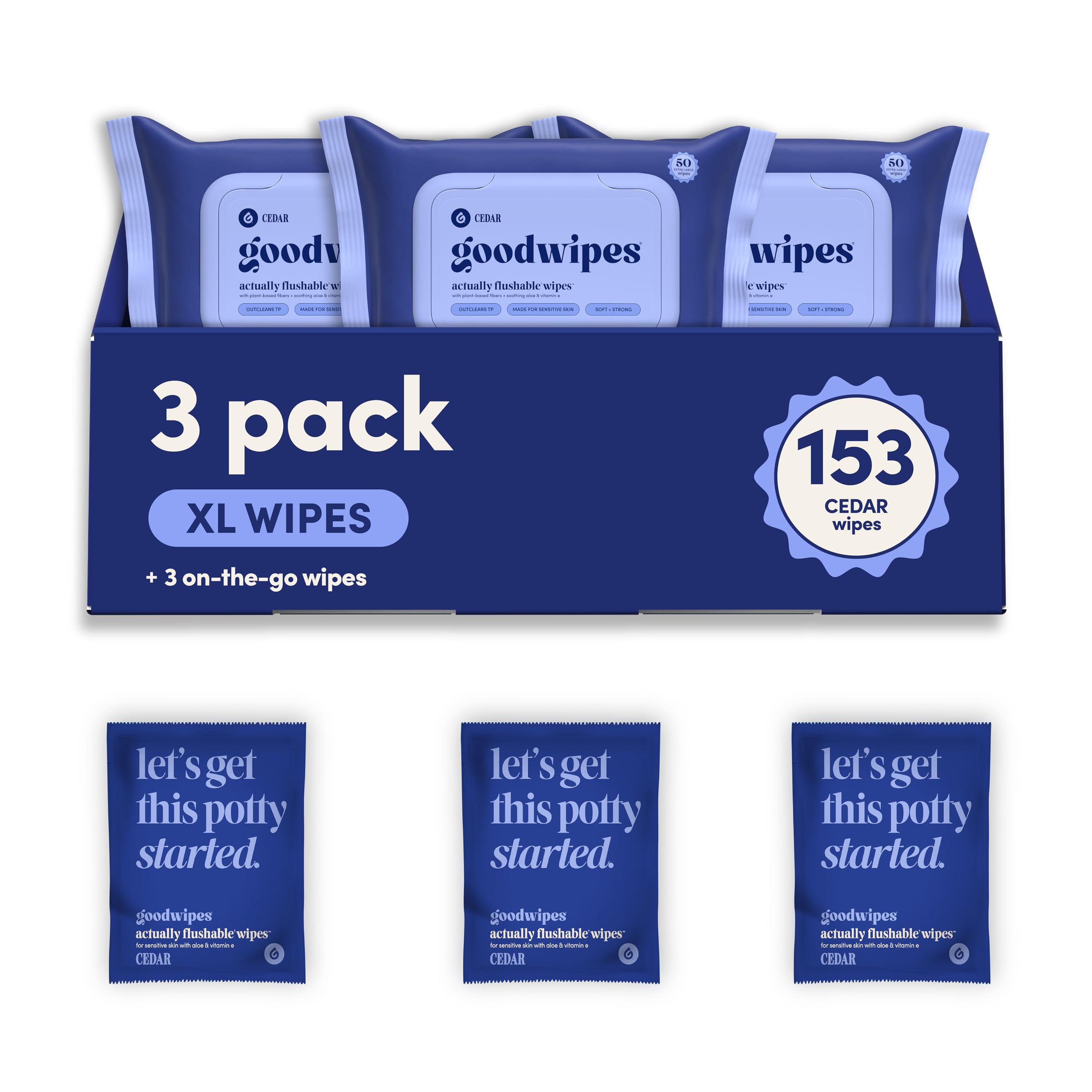 goodwipes Flushable Wet Wipes for Adults, Cedar Scent, pH Balanced & Extra Large, 153 Count (3 Packs + 3 Singles) - main product image