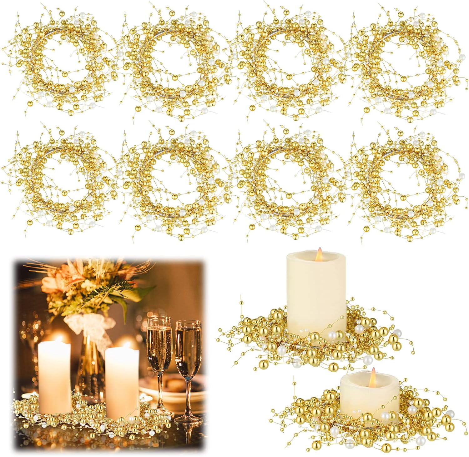 Gold Candle Rings Wedding Pearl Candle Ring Wreaths 3.5