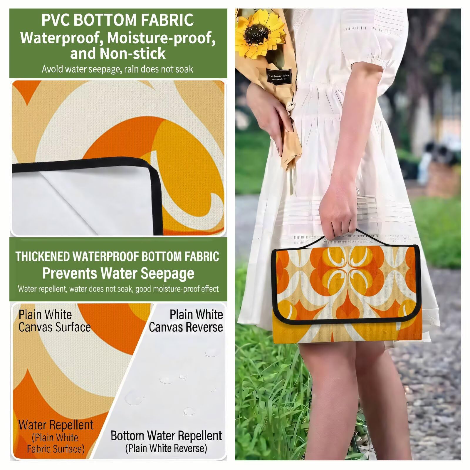 Couverture de Pique-Nique Grande 200x300 cm,Outdoor Couverture Imperméable,Pliable Tapis de Plage Dos en PVC Anti-Sable,Picnic Blanket pour Camping Accessoires,Jardin,Parc,Famille - Jaune,orange UZ-86