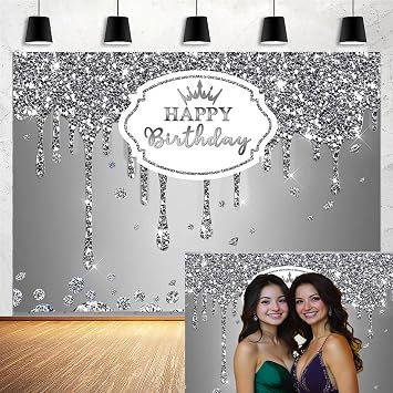 Silver Happy Birthday Backdrop Party Decorations - Glitter Diamonds Background Photo Banner for Men Women, 7X5FT