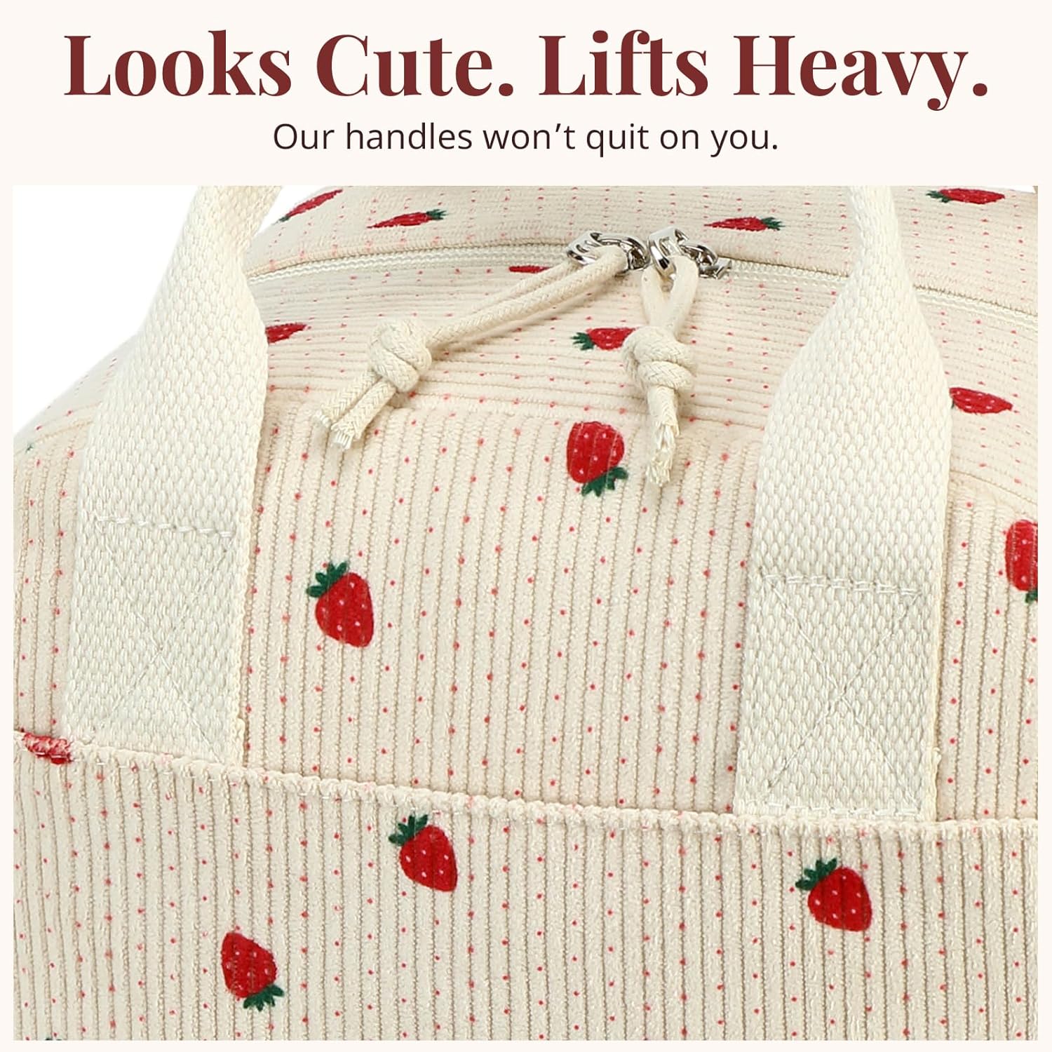 Insulated Strawberry Lunch Bag for Women, Stylish Corduroy Tote with Aluminum Lining, Large Capacity Reusable Cooler for Work, Travel, Beach or Picnic, Beige Cream Water-Resistant Lunch Box - Image 6