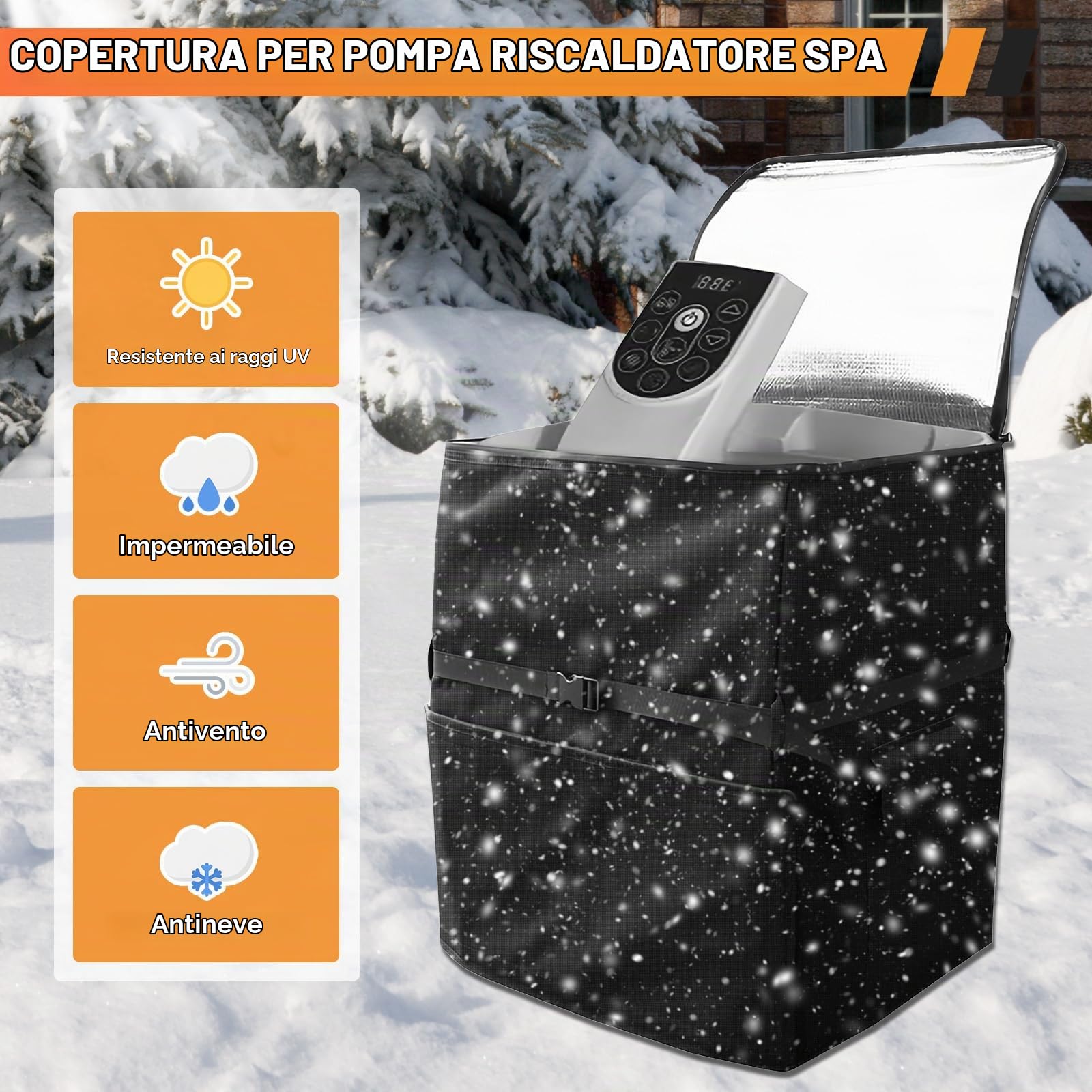 Copertura per Pompa Calore per Vasca idromassaggio con isolamento, tessuto Oxford 600D con Custodia, Cinghie Regolabili Copertura per Pompa Bagno Gonfiabile isolata per Spa