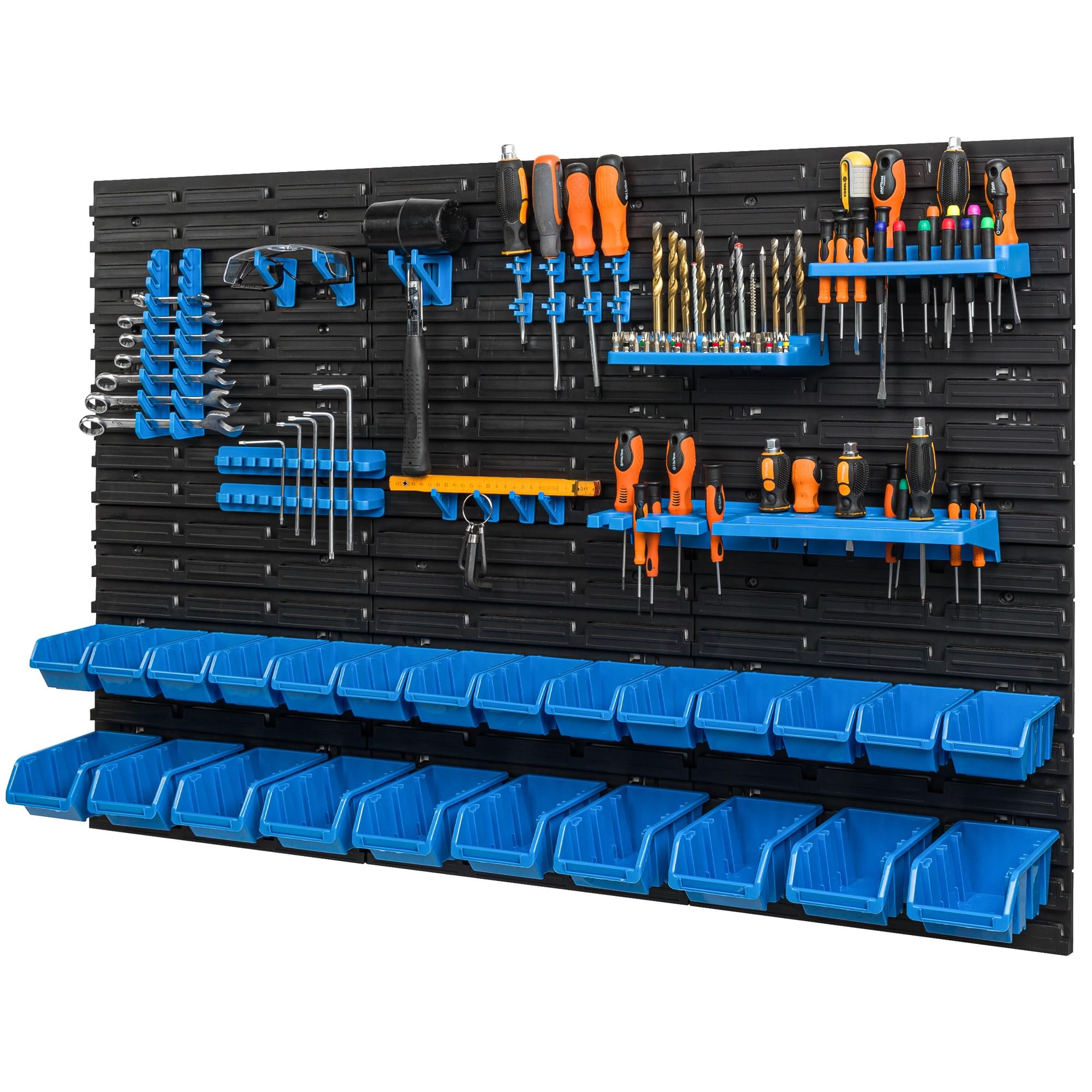botle 24 scatole impilabili da parete blu, contenitori impilabili per scaffali da magazzino, in plastica, pannelli porta attrezzi da muro officina 117 x 78 cm, per officina, garage, magazzino