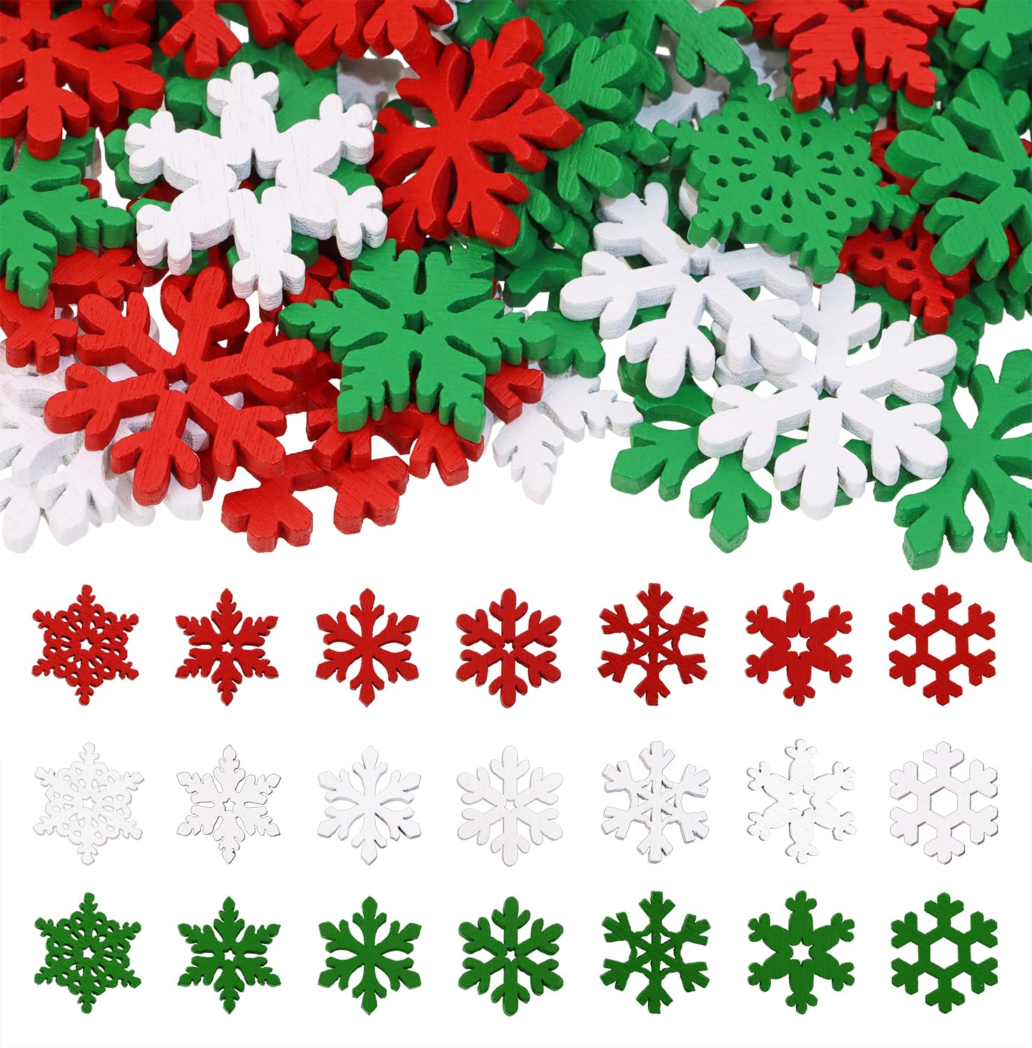 PPhtony 80PCS Snowflake Decorations Wood Slices Ornaments Christmas Cutouts Buttons Tags for Xmas Tree Hanging Painting DIY Crafts Projects Gifts Bags