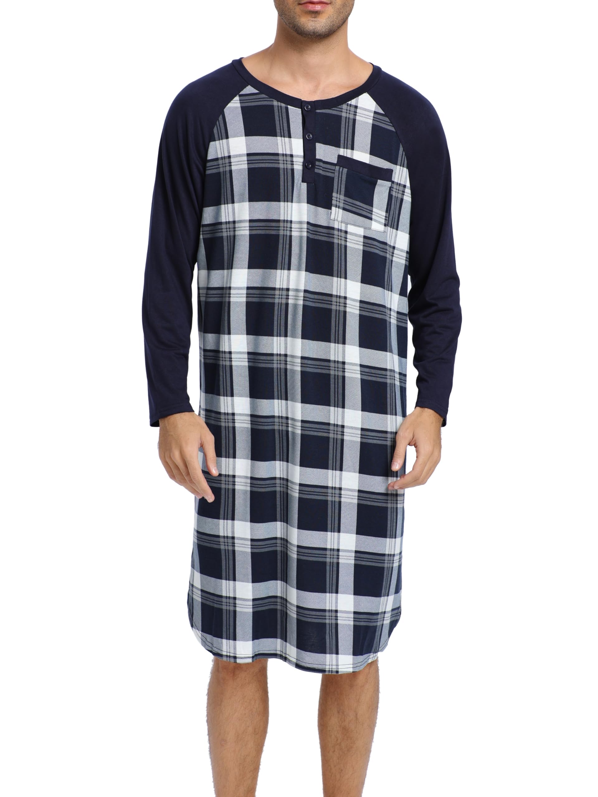 Enjoyoself Camisón Hombre Algodón Camisetas de Pijama Larga Dormir Suave Transpirable Camisa de Noche de Mangas Largas Camison Hospital Ropa de Dormir para Descansar