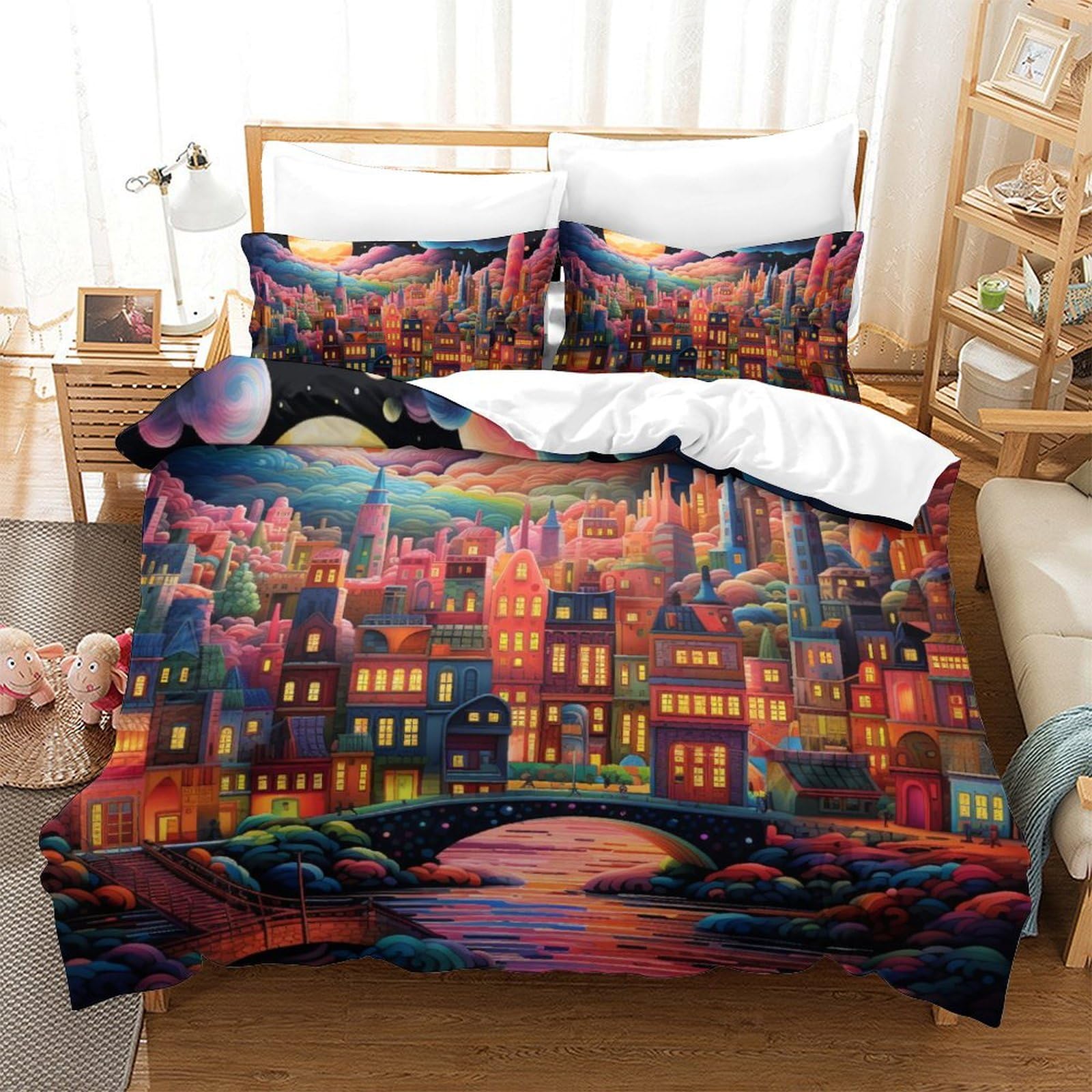 Housse de couette 3D Ville Nuit parure de lit enfant 3 pièces microfibre fermeture éclair 220x240