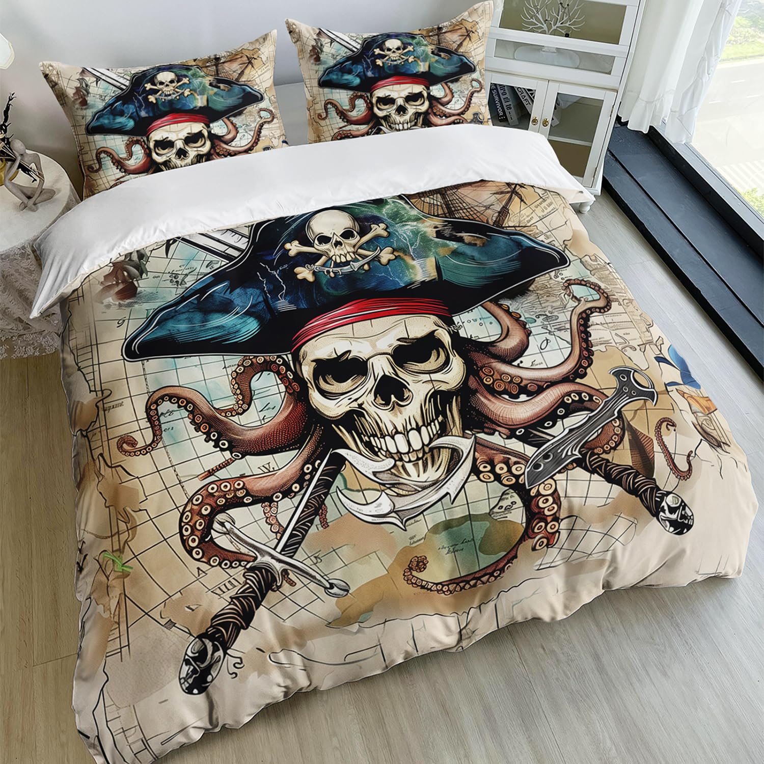 AILONEN 3D Pirate Captain Skull Duvet Cover Set King Size, Skeleton Bones with Octopus Bedding Set for Kids,Boys,Girls,Nautical Map Theme Comforter Cover,3-Pieces,1 Quilt Cover and 2 Pillowcases