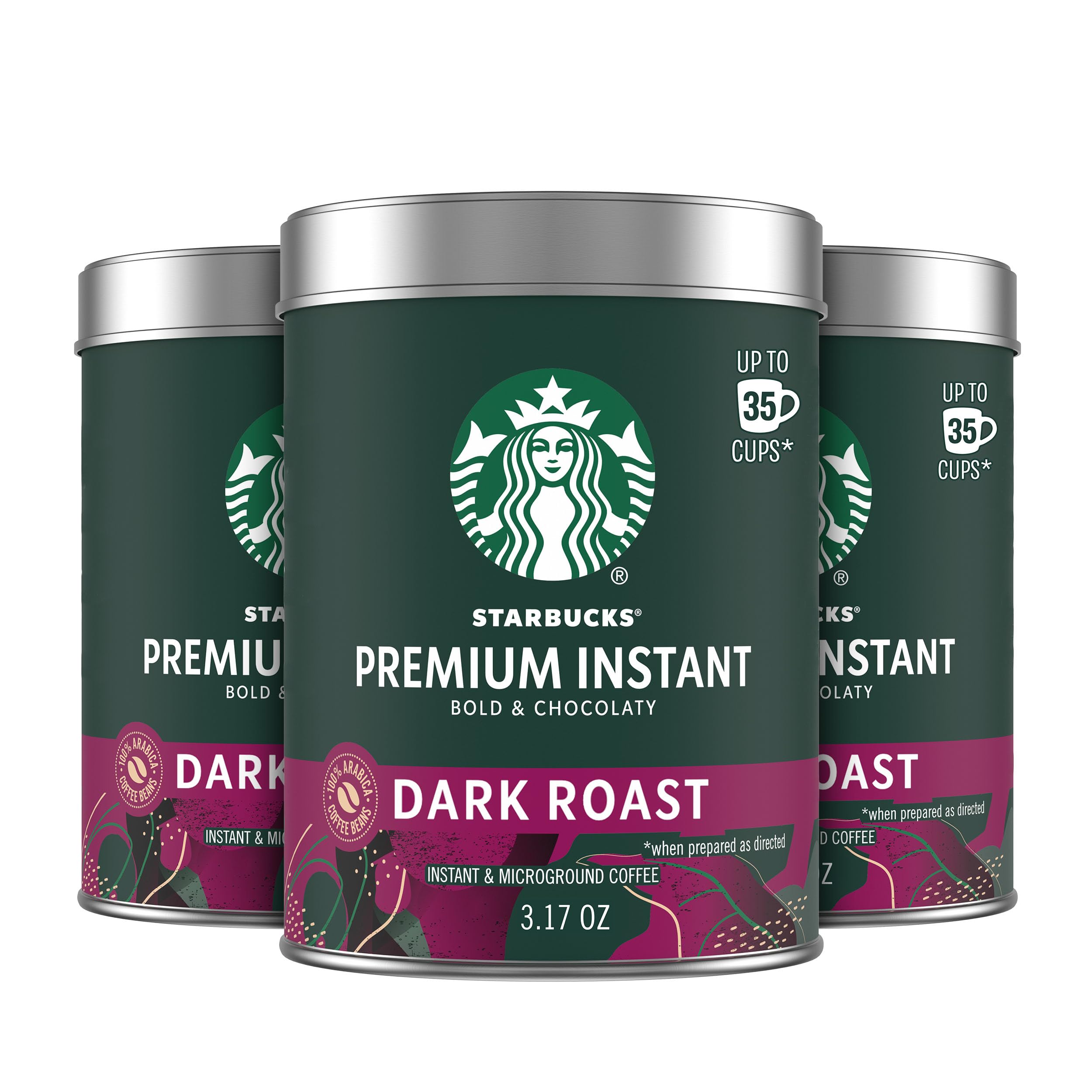Premium Instant Coffee, Dark Roast Coffee, Arabica Beans, Three 3.17 oz Tins