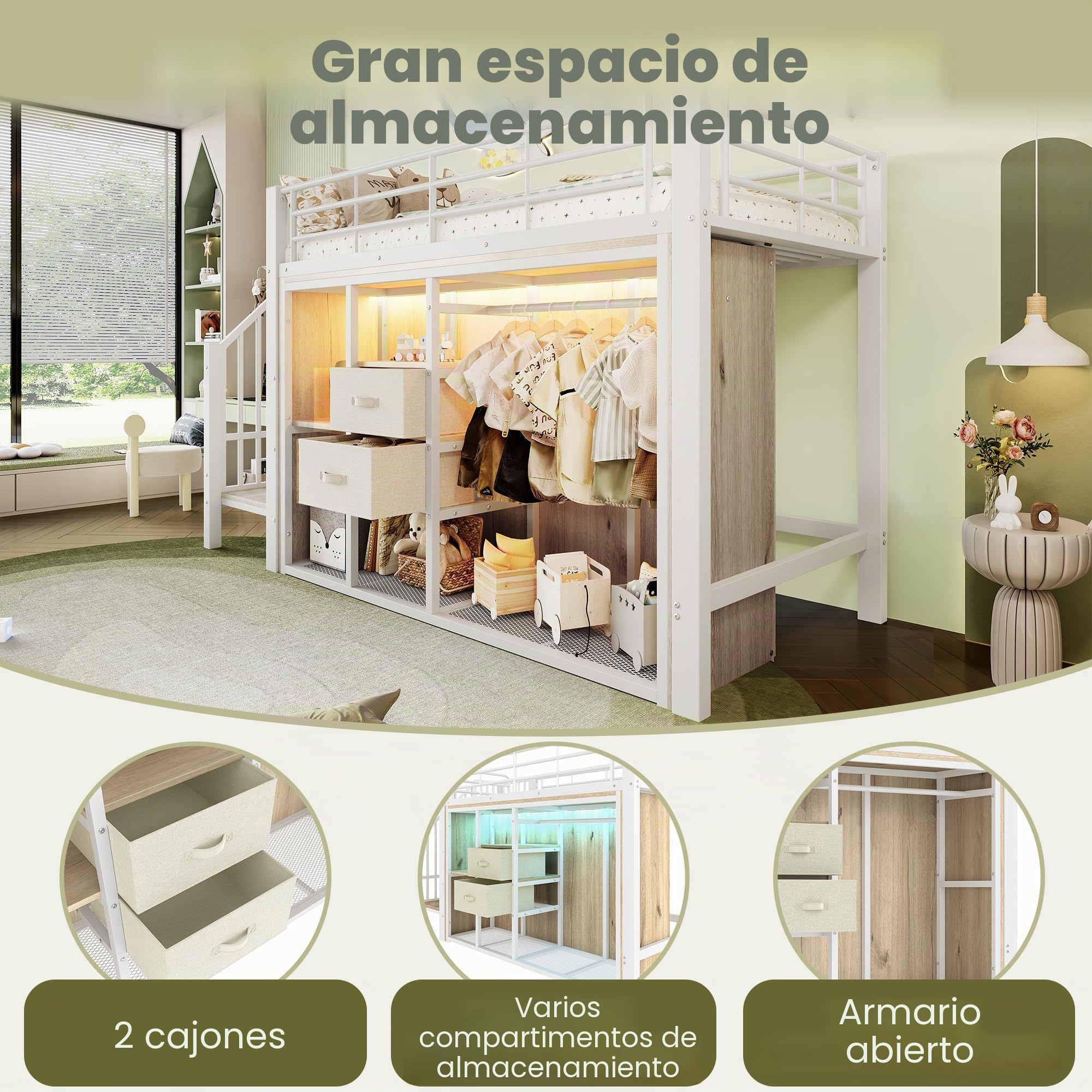 Idemon 90 x 200 cm, cama alta, 2 cajones, armario abierto, iluminación ambiental, muchos compartimentos de almacenamiento, colchón no incluido (blanco)