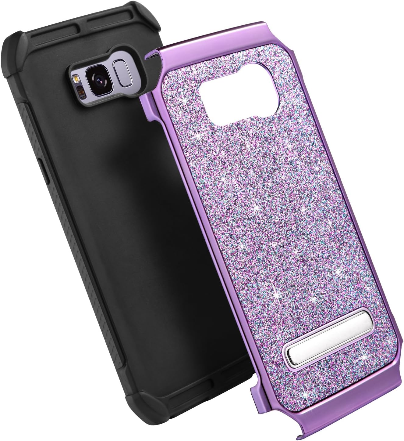 UARMOR Case for Galaxy S8, Luxury Glitter Bling Shockproof Rugged Hybrid Kickstand Slim Sparkly Shiny Faux Leather Chrome Hard Phone Case Cover for Samsung Galaxy S8 5.8 Inch, Purple