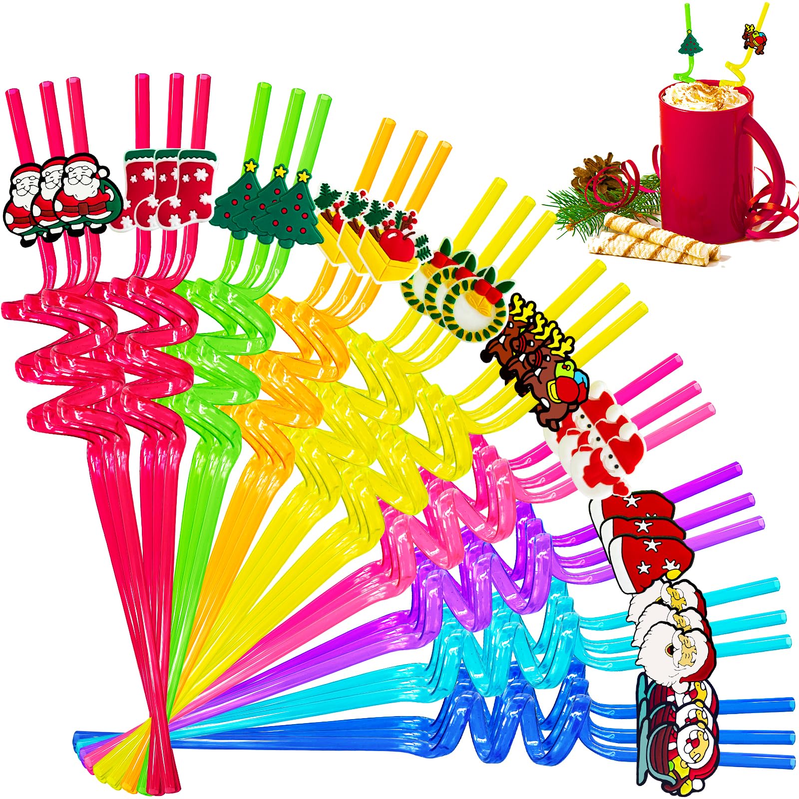 30 Pcs Reusable Christmas Plastic Straws for Kids,Bulk Christmas Party Favors Straws,Christmas School Party Supplies for Kids Goodie Bags,Christmas