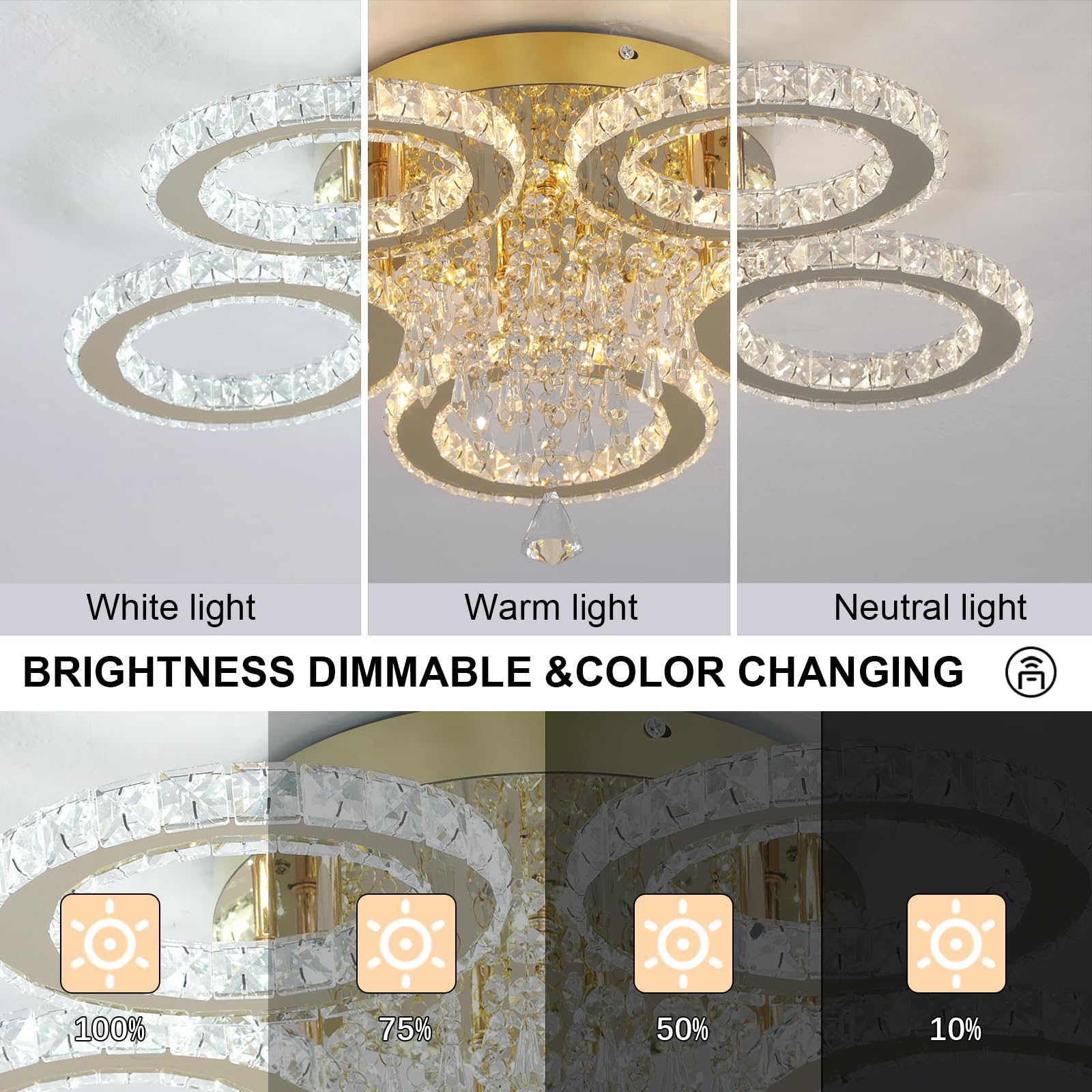 VETRULUS Moderner Kristall-Kronleuchter – Goldene LED-Deckenleuchte mit 5 Ringen, Dimmbar für Schlafzimmer, Wohnzimmer, Esszimmer, Flur