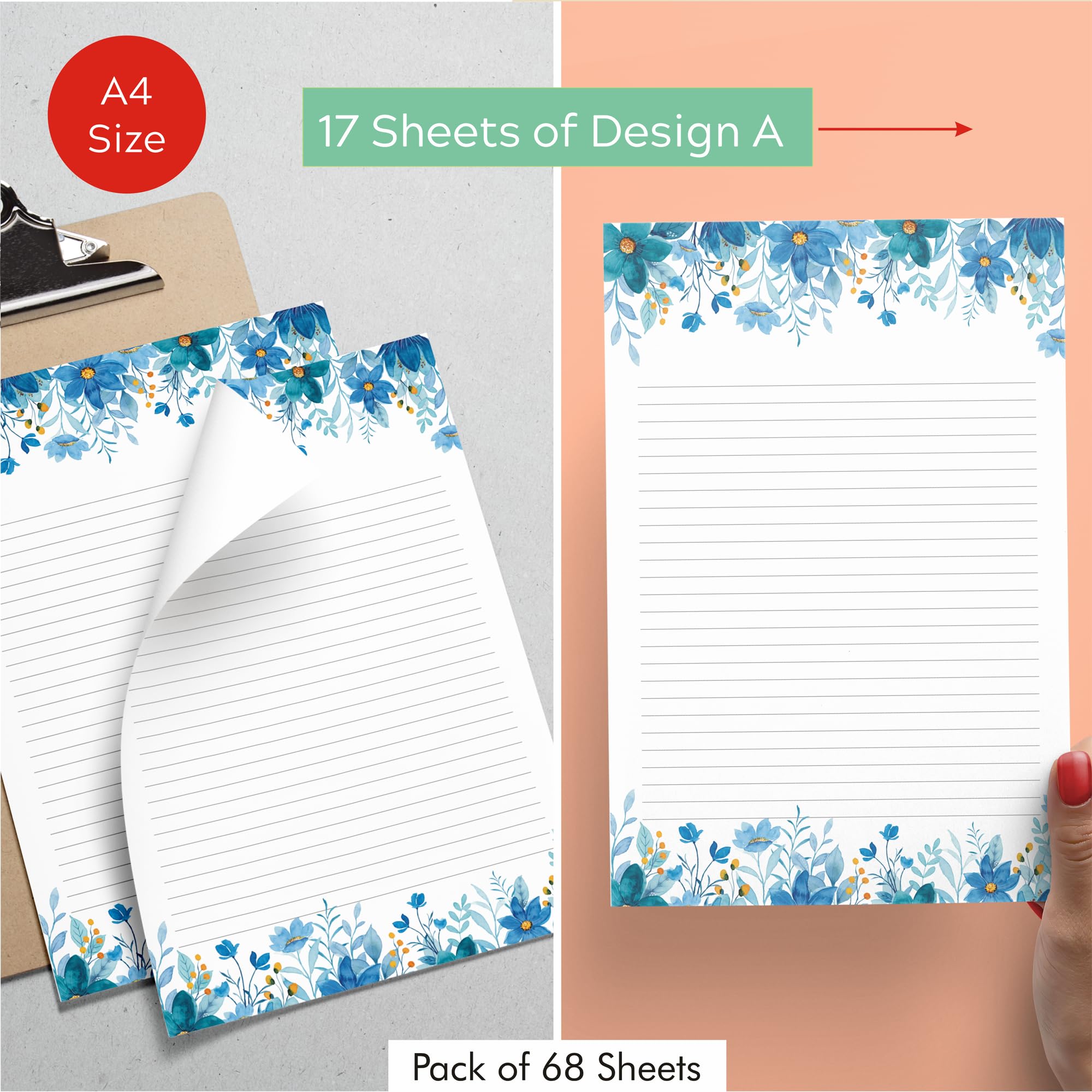 Zaslan One Side Ruled Designer Sheets, A4 Size Project Papers – Floral Practical Sheets for Assignment, Art & Craft – Pack of 68 Sheets, 100 GSM 1