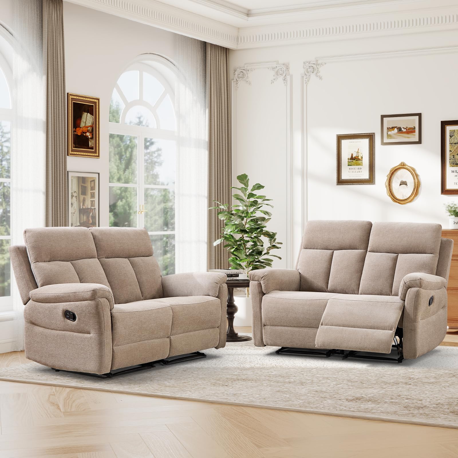 ANJ 2-Piece Manual Reclining Loveseat Set, 2 Seat Recliner Sofas with Padded Arms and Supportive Backrest, Comfortable Fabric Reclining Couch Set for Living Room, Camel