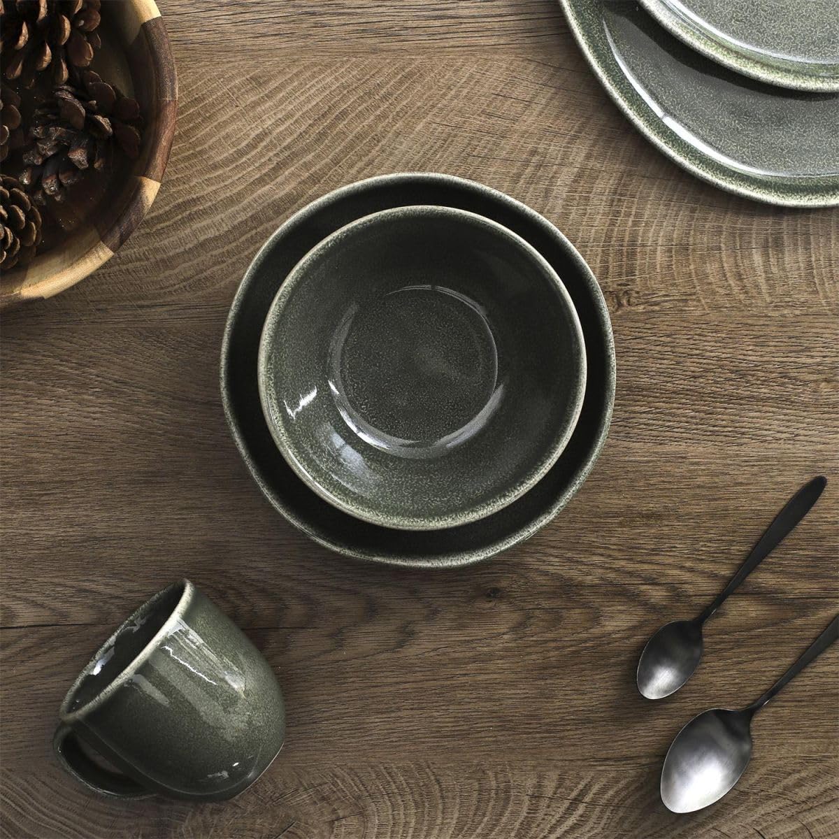 AltoBuy Set de 6 Assiettes Creuses en céramique au grés du Temps Vert (Ø18,7cm) - Maka