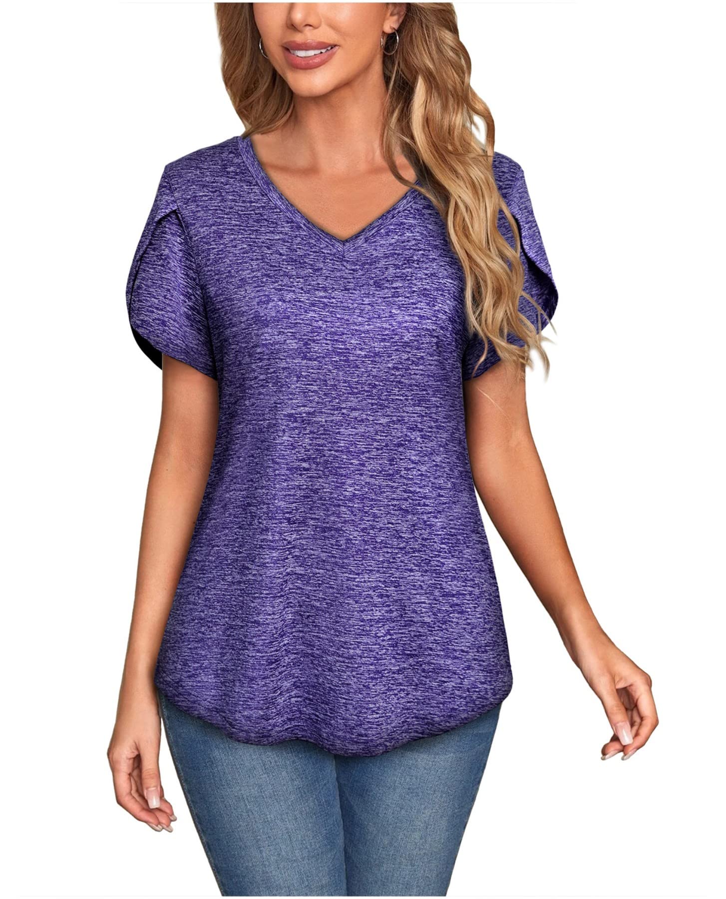 MISS FORTUNE Womens V-Neck Short Sleeve Activewear T-Shirt Petal Sleeve Casual Athletic Moisture Wicking Fitness Tops