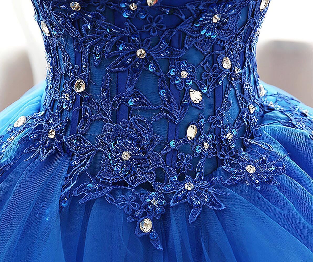 WDBFY Prom Dresses Strapless Quinceanera Dress Long Tulle Ruffles Ball Gowns Lace Beaded Princess Evening Gowns