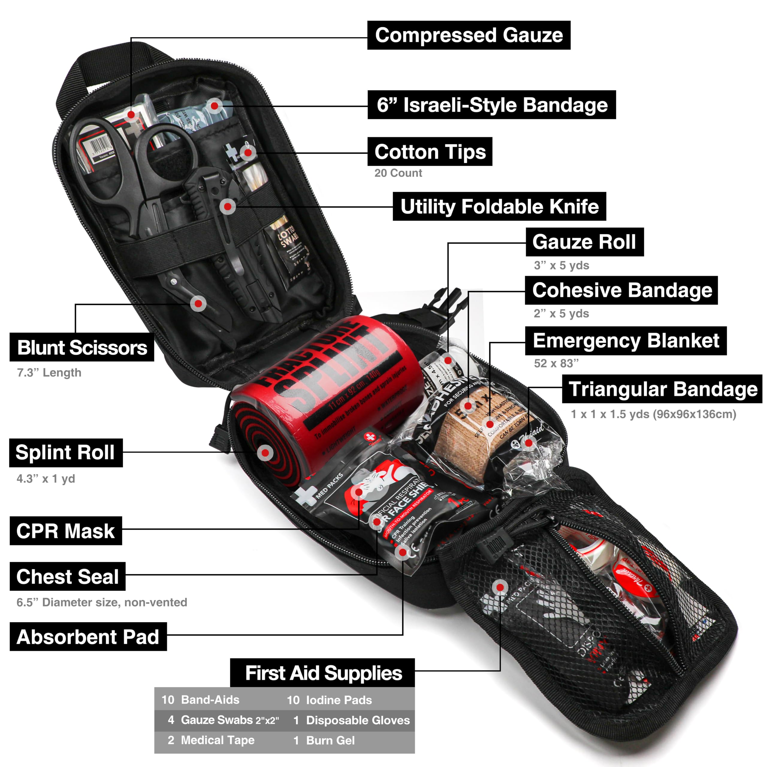 Survival First Aid Kit with Israeli-Style Bandage, Splint, Chest Seal for Tactical Molle Outdoor Emergencies, Black — Amazon image 3