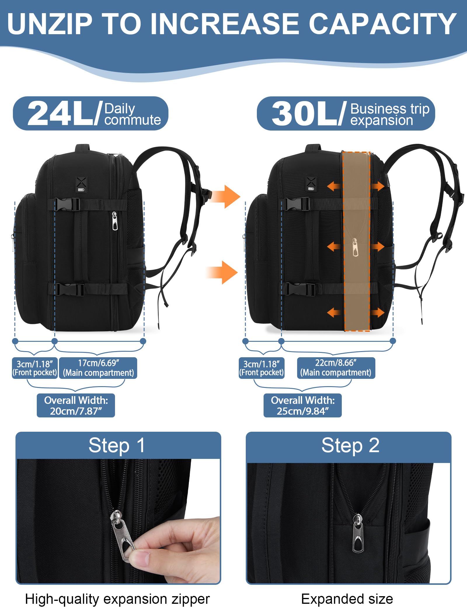 Bagaż Podręczny 40x30x20 Plecak, 24-30L Rozkładany 40x30x25 Plecak Podróżny Męski i Damski do Ryanair, Eurowings, Wizzair, Vueling,Cabin Bag Travel Backpack do Pracy, Biznesu i Podróży, Czarny