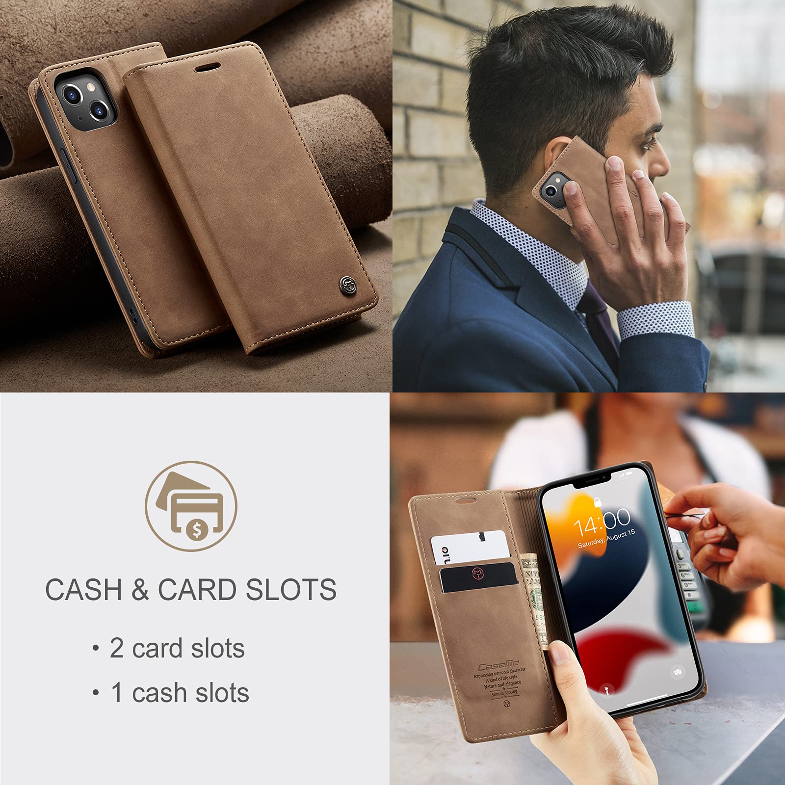 UEEBAI Custodia per iPhone 13 6.1 inch, 9 slot per schede Retro Leather Portafoglio con Cinturino a mano Slot per carte, Flip Cover con Cerniera Borsa Tracolla Chiusura magnetica - Viola