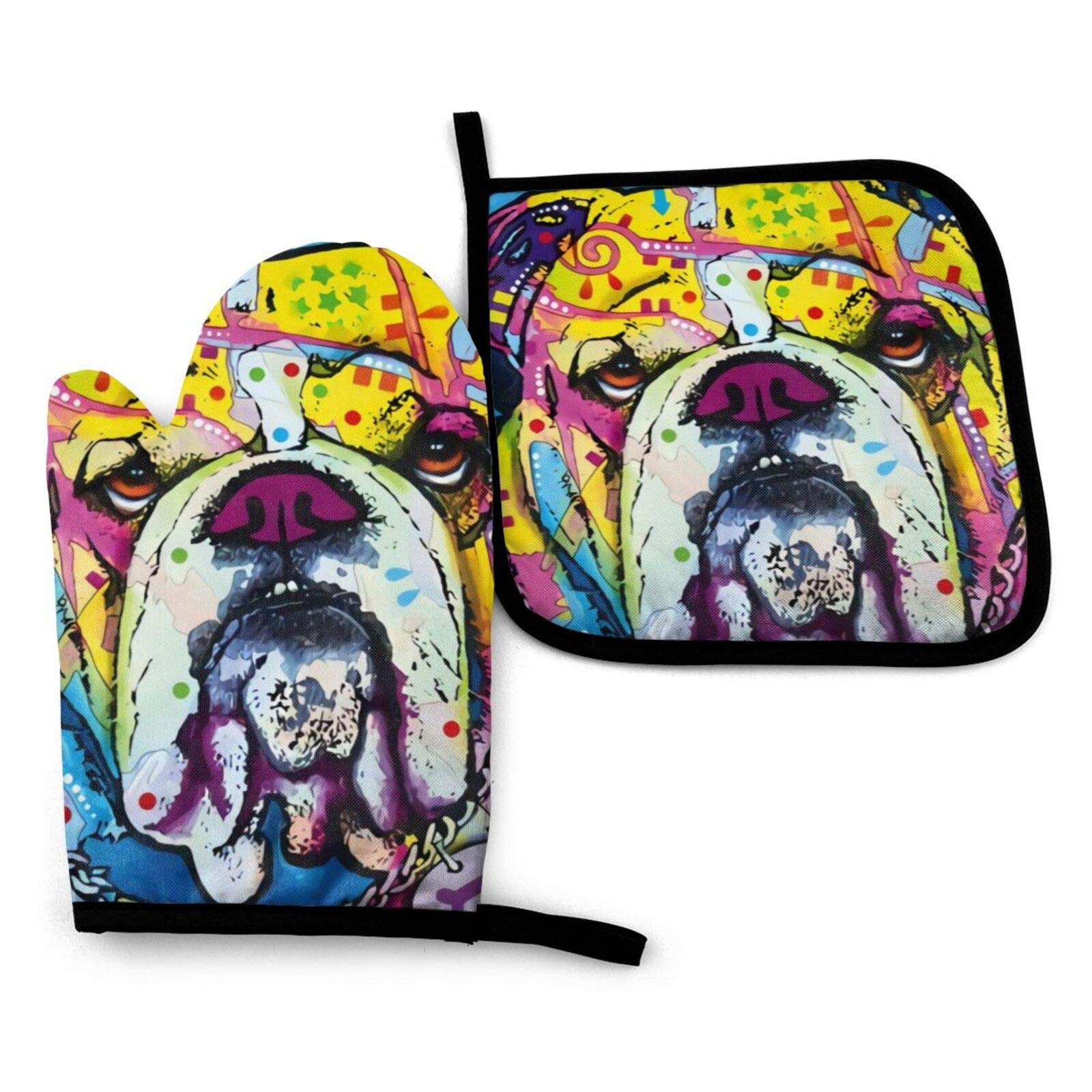 KZEMATLI English Bulldog Pattern Oven Mitts and Pot Holders Set Kitchen Gift Set for Kitchen Cooking Baking, BBQ