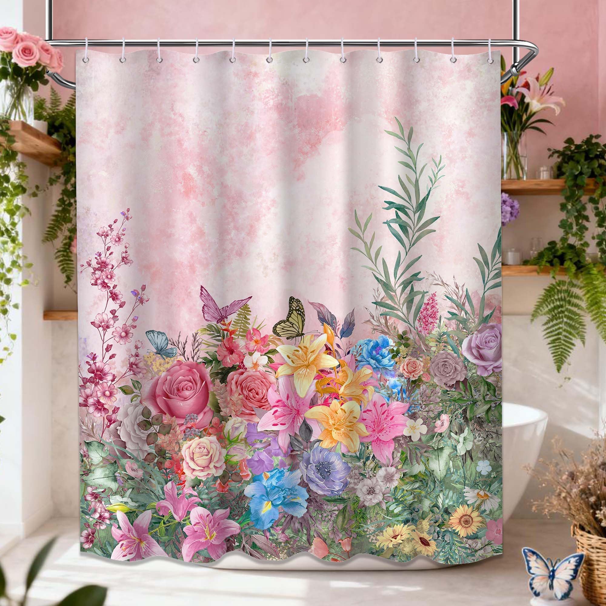Rideau de Douche Rose printanier à Motif Floral et botanique, imperméable, avec Crochets, 244x200cm(LxH)