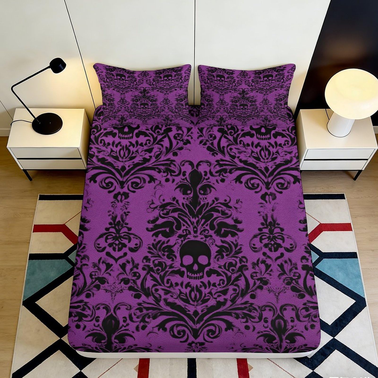 Zfldkwgb Style-3 3D Printed Gothic Skull Fitted Sheet Microfiber Purple Baroque Damask Mattress Cover Bedroom Decor 90X200x25cm