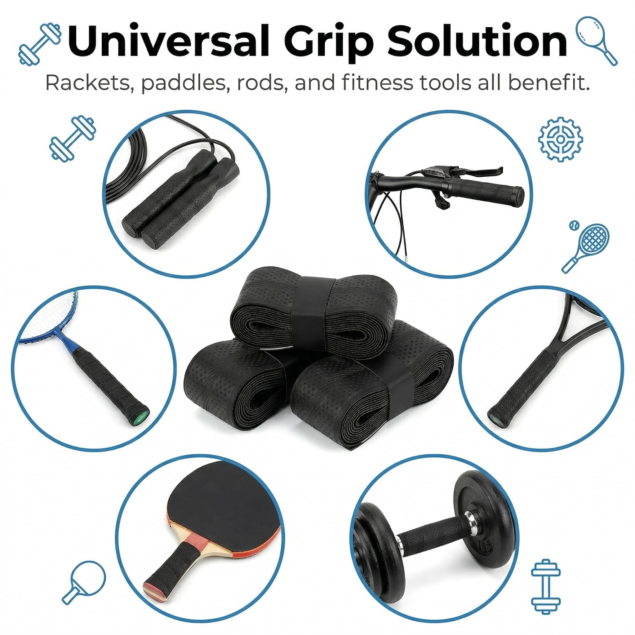 Grip Raquette Tennis, Grip Raquette Badminton et Surgrip Tennis en Matériau PU, Bande Antidérapante Raquette Squash et Grip Padel avec Absorption Transpiration, Ruban Noir de Sport 8 Pièces