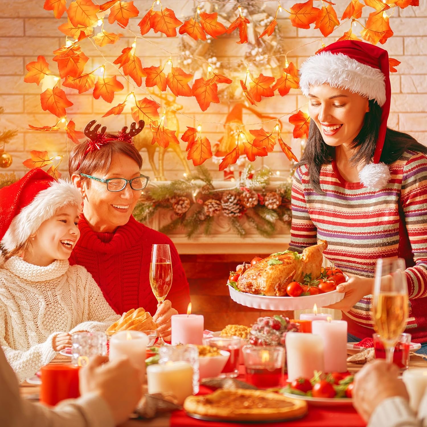 2 Pack Fall Lights - 26Ft 80LED Thanksgiving Decorations with 8 Lighting Modes & Timer - Enlarged Maple Leaves - Battery Operated Waterproof Lights for Indoor & Outdoor Autumn Decor