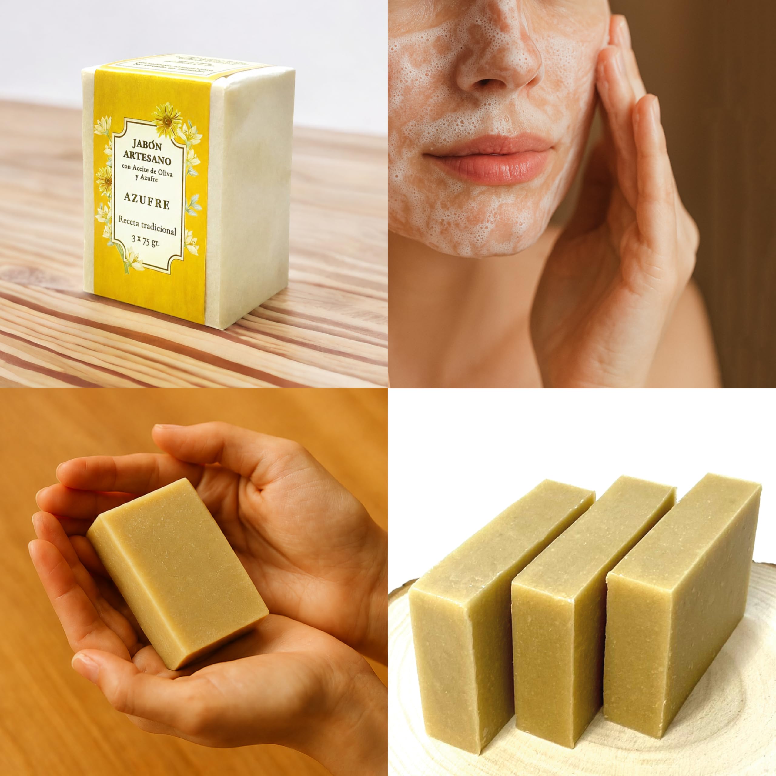 Sapone allo Zolfo per acne viso – 3 saponi naturali artigianali con Olio d’Oliva, sapone Zolfo Viso per punti neri naso e brufoli, set saponette per pelle grassa e mista, 3 x 75 g