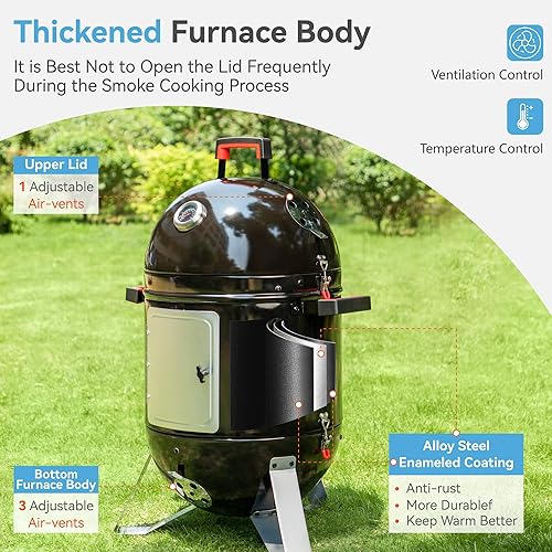 Miniatura 2 de GREEN PARTY Parrilla vertical para ahumar carbón de 18 pulgadas, parrilla para ahumar agua con bala, barbacoa al aire libre, ahumadores de carne