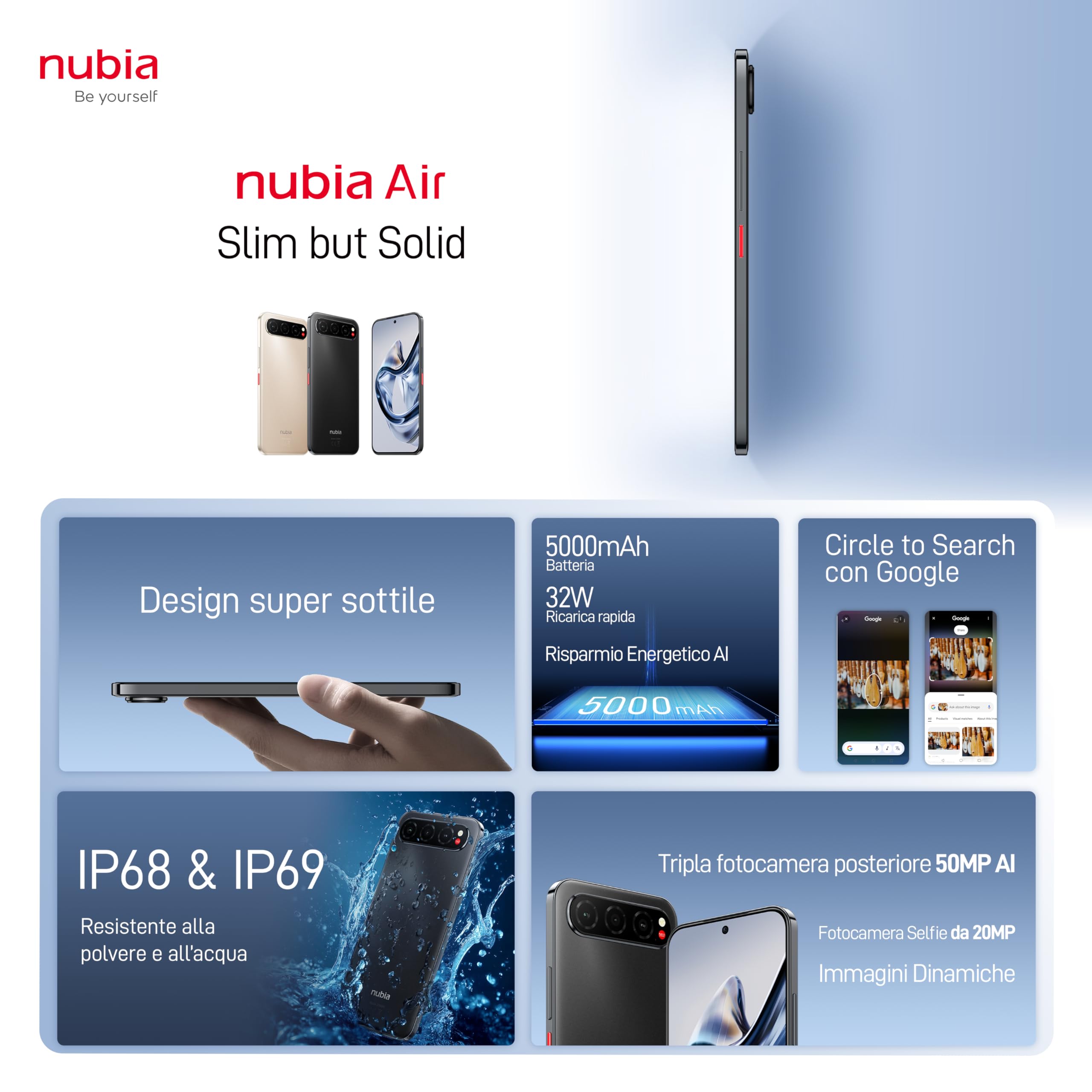 nubia Air, Smartphone ultrasottile, Display AMOLED 6,78" 1,5K, 256 GB memoria, RAM 20GB (8+12GB RAM fusion), Tripla fotocamera AI 50MP, Batteria 5000mAh, resistente ad acqua e polvere (IP68 & IP69) : Amazon.it:
