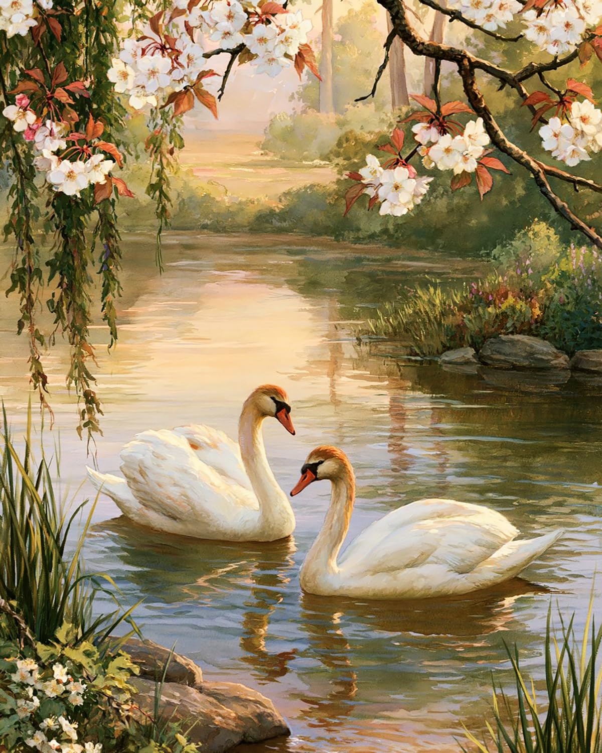 Liubaishi Multicolour Paint By Numbers For Adults, Diy Acrylic Canvas Painting Kit, Two Swans Spring Lake Theme, 40X50 Cm, 240G