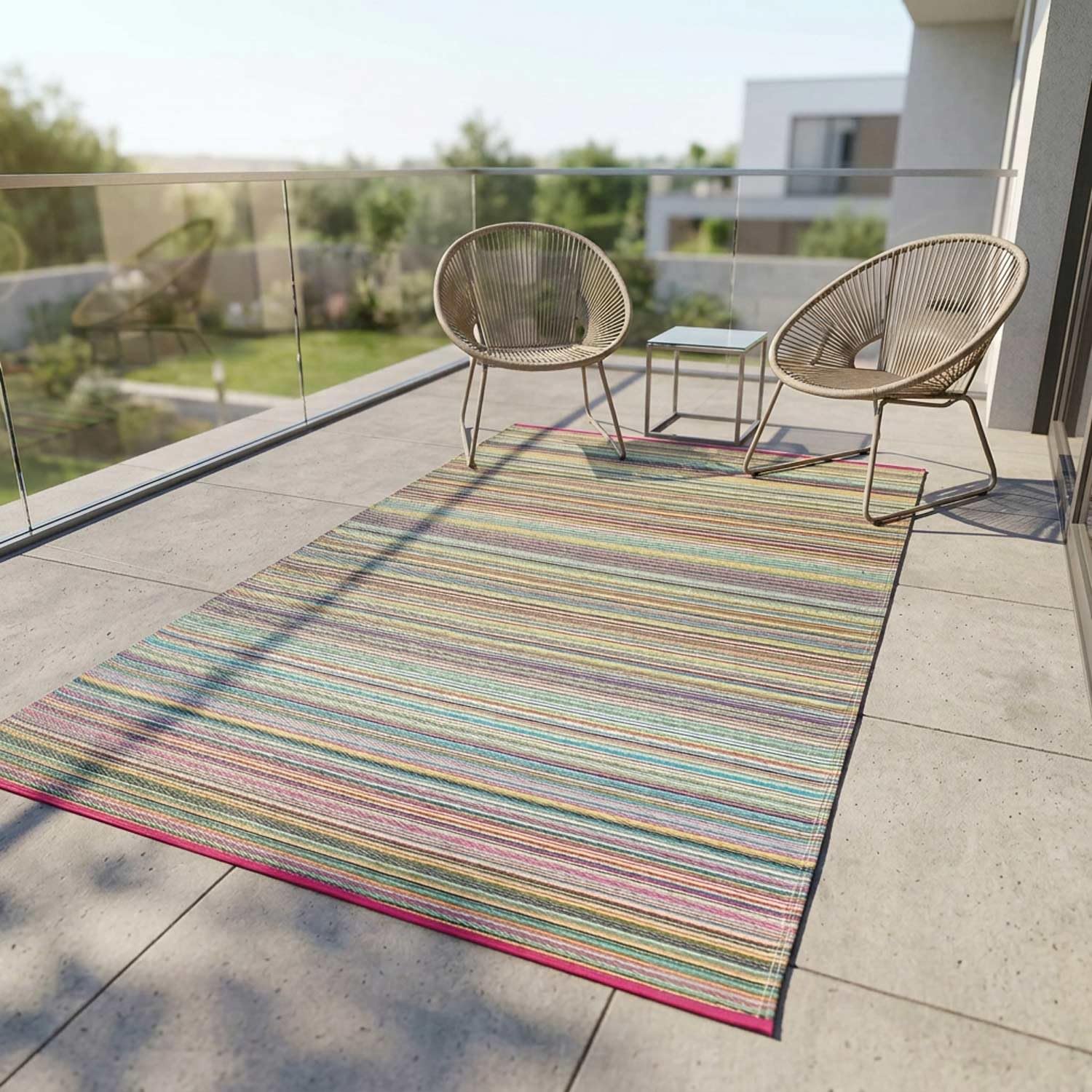 FAB HAB Outdoor-Teppich Cancun – Recycelter Kunststoff – Wetterfest, Wendbar, UV-beständig – Gestreift - Candy - 240x300 cm