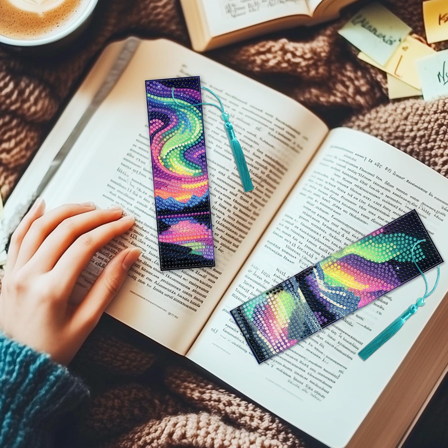 10Pcs Aurora Starry Sky 5D Diamond Art Bookmarks Forest Lake Diamond DIY Painting Bookmarks Rhinestones Beaded Acrylic Tassel Bookmark for Adult Beginner Crafts
