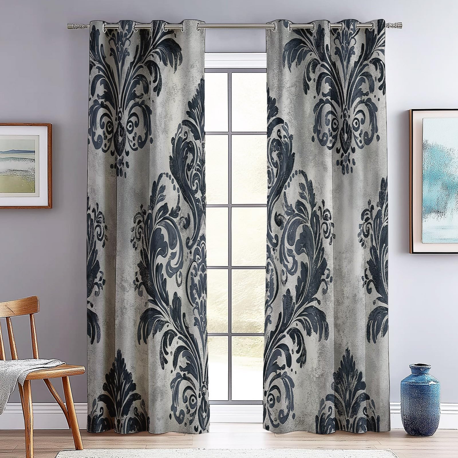 Cortinas Salon Opacas con Estampado Clásico Planta Hojas Cortina con Ojales, 140An x 260Al cm (2 Paneles) Cortinas Termicas Aislantes Frio Y Calor, para Habitacion Sala Comedor, Gris Carbón Blanco