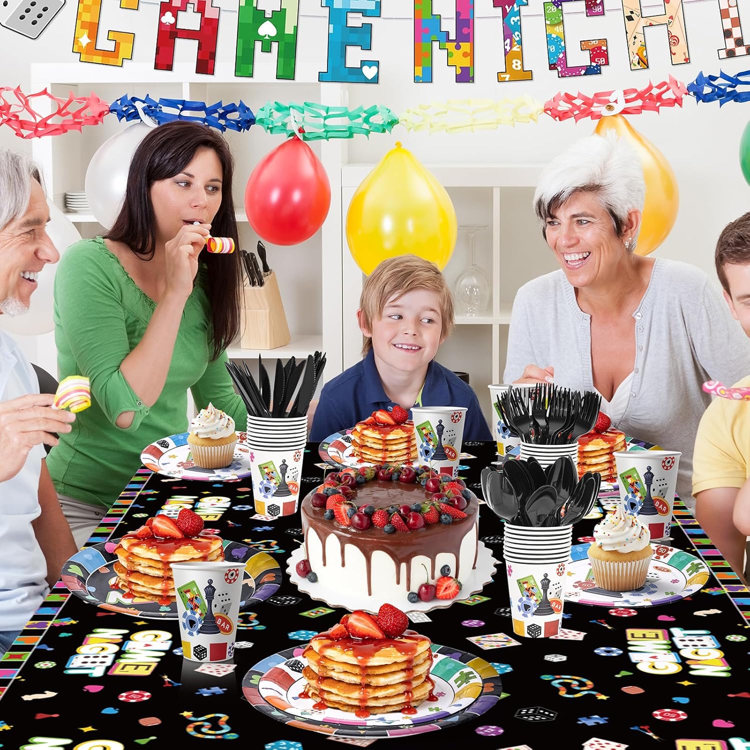 170Pcs Family Game Night Party Decorations Tableware, Disposable Game Night Decorations Plates Napkins Cup Banner Tablecloth, Board Games Party Decorations for Birthday, Serves 24