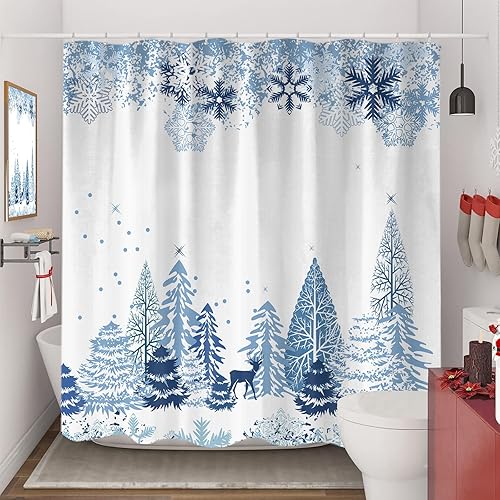 Miniatura 3 de Cortina de ducha de copos de nieve de Navidad, juego de cortinas de ducha de tela de ciervos de bosque de invierno para decoración de baño con