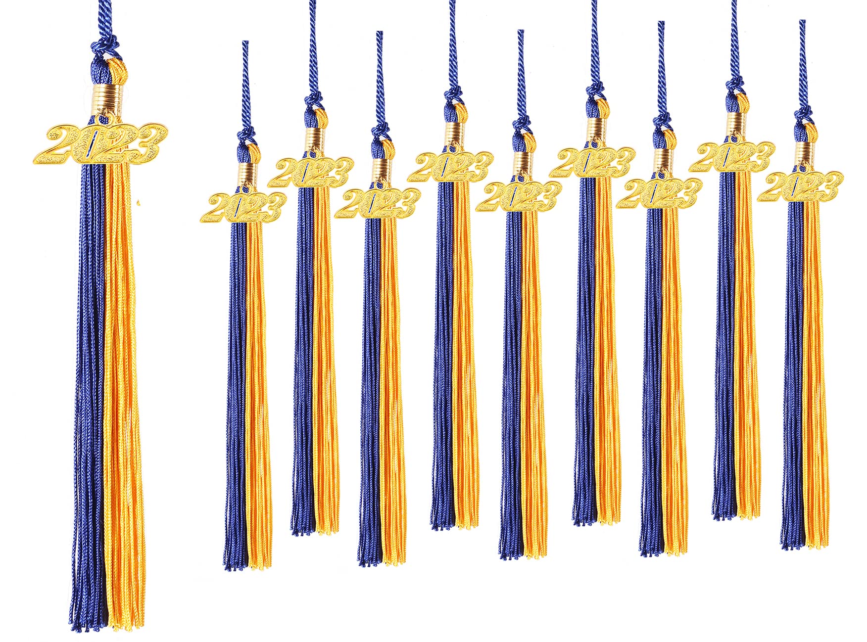 UIALECG 10 Pieces Graduation Tassels Whit Charm 2023 for Graduation Cap and Gown,Double Color Tassel,Blue and Gold