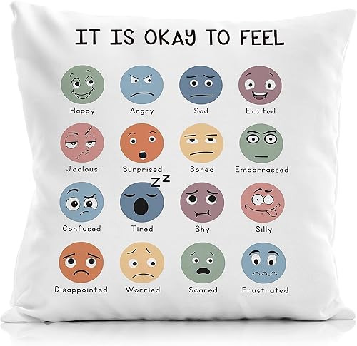 Fundas de almohada de emociones de aula de 18 x 18 pulgadas, funda de almohada con sentimientos y emociones, almohadas bohemias para niños, lectura,