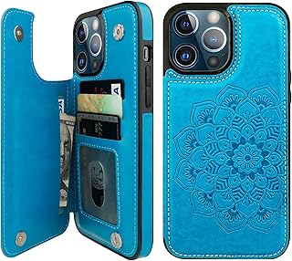 Vaburs Compatible with iPhone 13 Pro Max Case Wallet with Card Holder, Embossed Mandala PatternÂ Flower PU Leather Double Buttons Flip Shockproof Cover for Magnetic Car Mount 6.7 Inch (Blue)