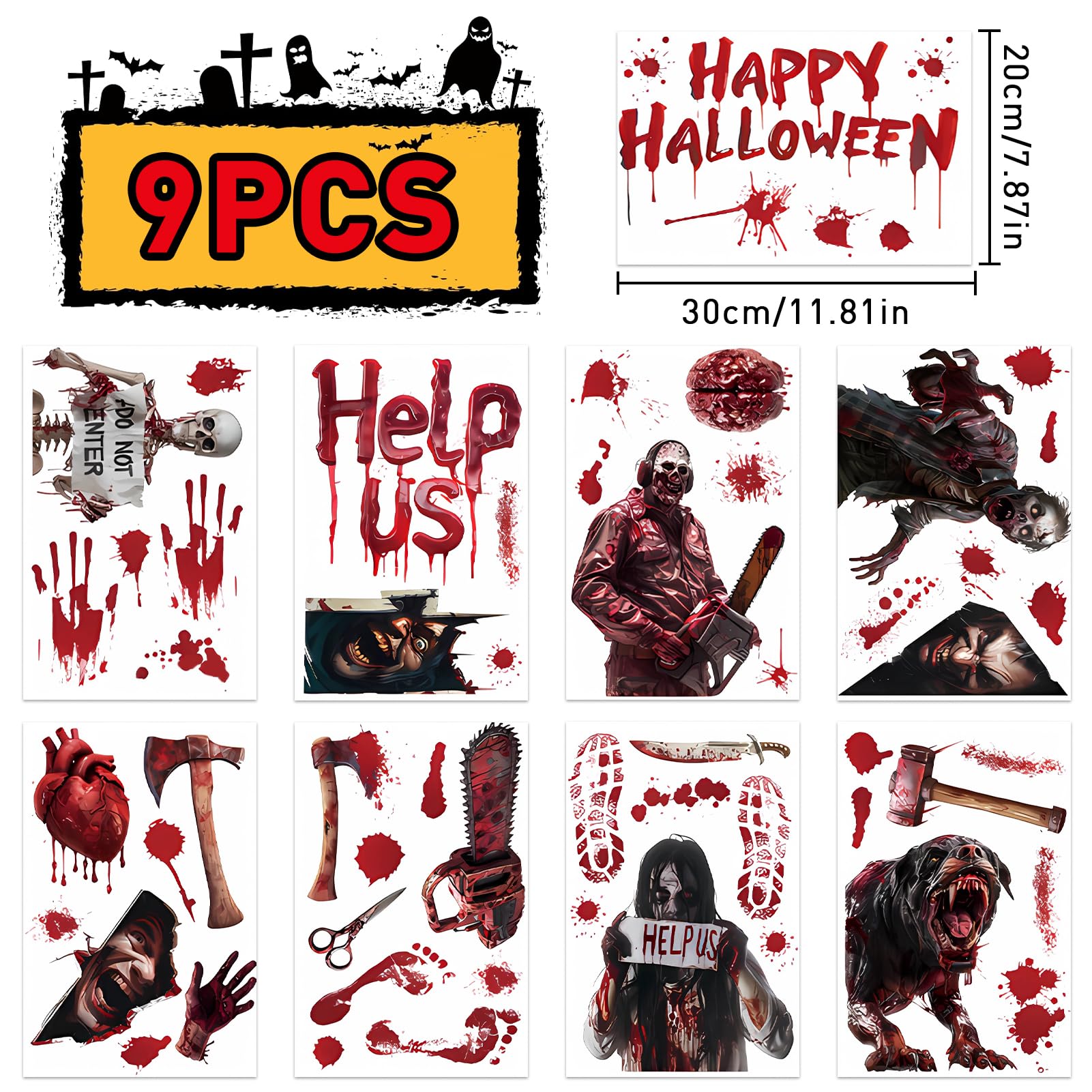 Adesivi Per Finestre Halloween - 9 Fogli Con Impronte Insanguinate E Macchie Di Sangue, Decorazioni Spaventose In PVC Per Vetri, Porte E Specchi