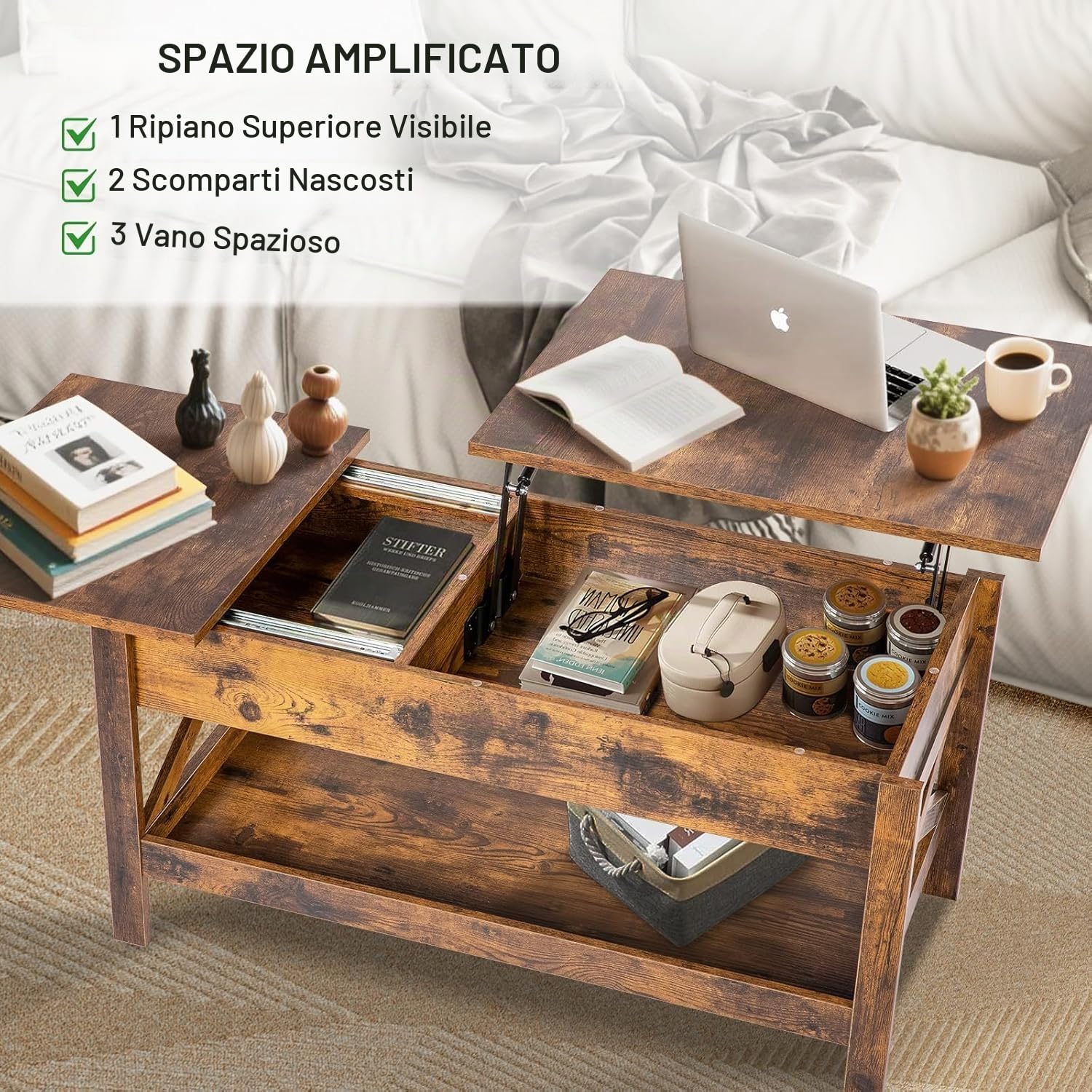 Tavolino basso, tavolino sollevabile, con cassetti di stoccaggio, con vano aperto e scomparto nascosto, adatto per il lavoro e lo stoccaggio nel soggiorno, Marro