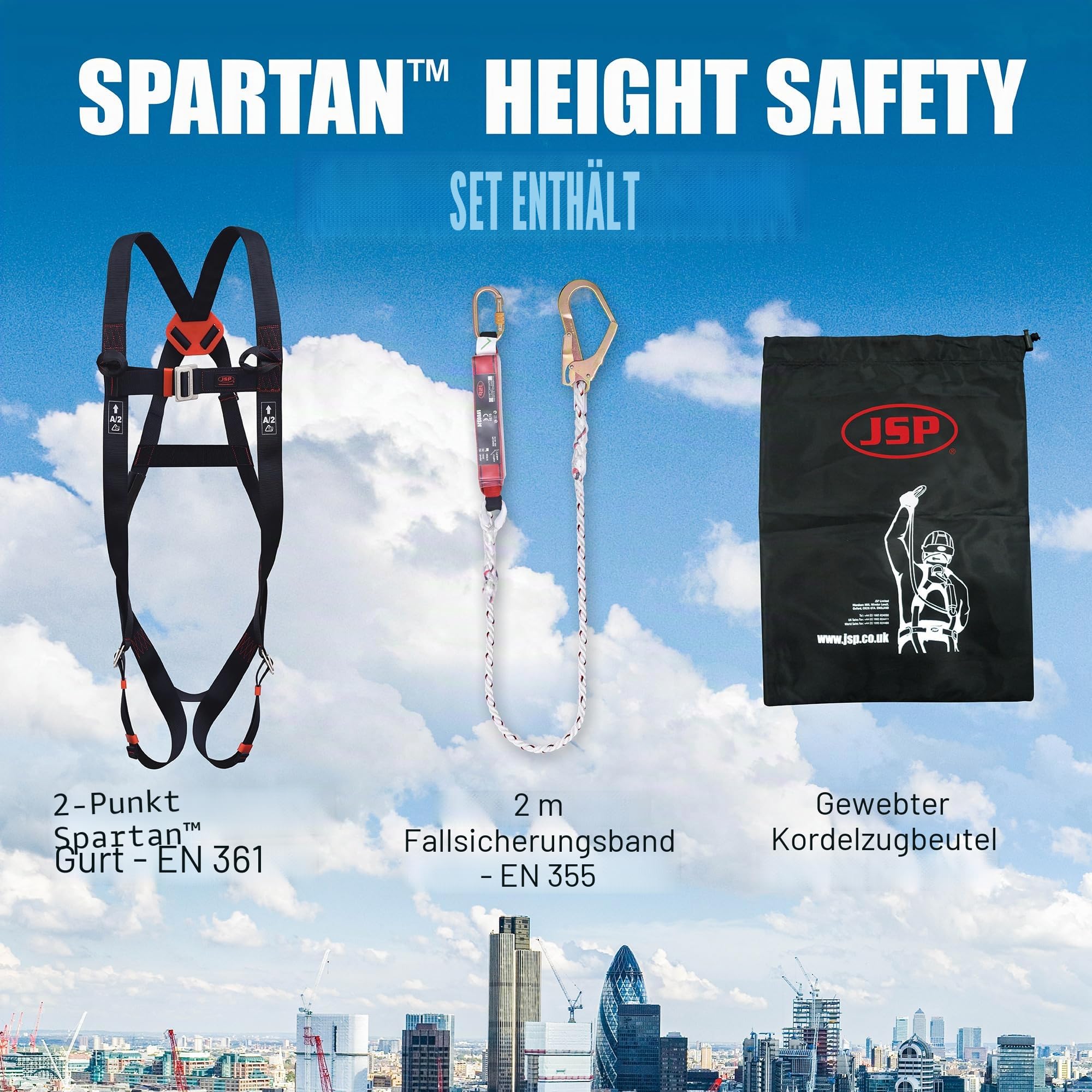 JSP SPARTAN Fallschutzset - Schwarz - Einheitsgröße - Höhensicherung - Auffanggurt und Verbindungsmittel - Für Gerüstbau, Dacharbeiten, Wartung und Höhenplattformen - EN 355 & EN 361