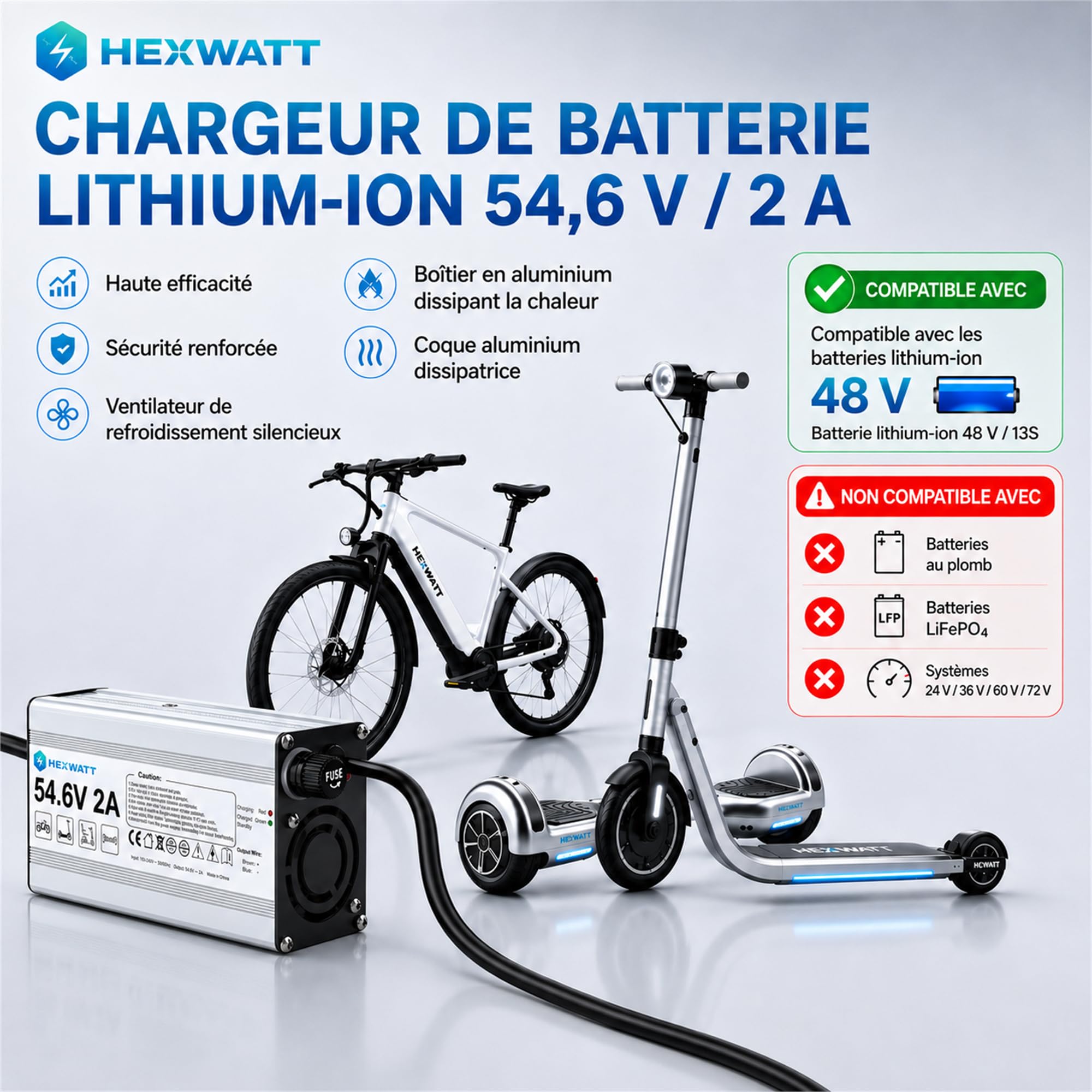 Chargeur de Batterie Lithium-ION Universel pour vélo électrique (eBike), Trottinette électrique et Hoverboard Remplacement avec 7 connecteurs (54.6V2A)