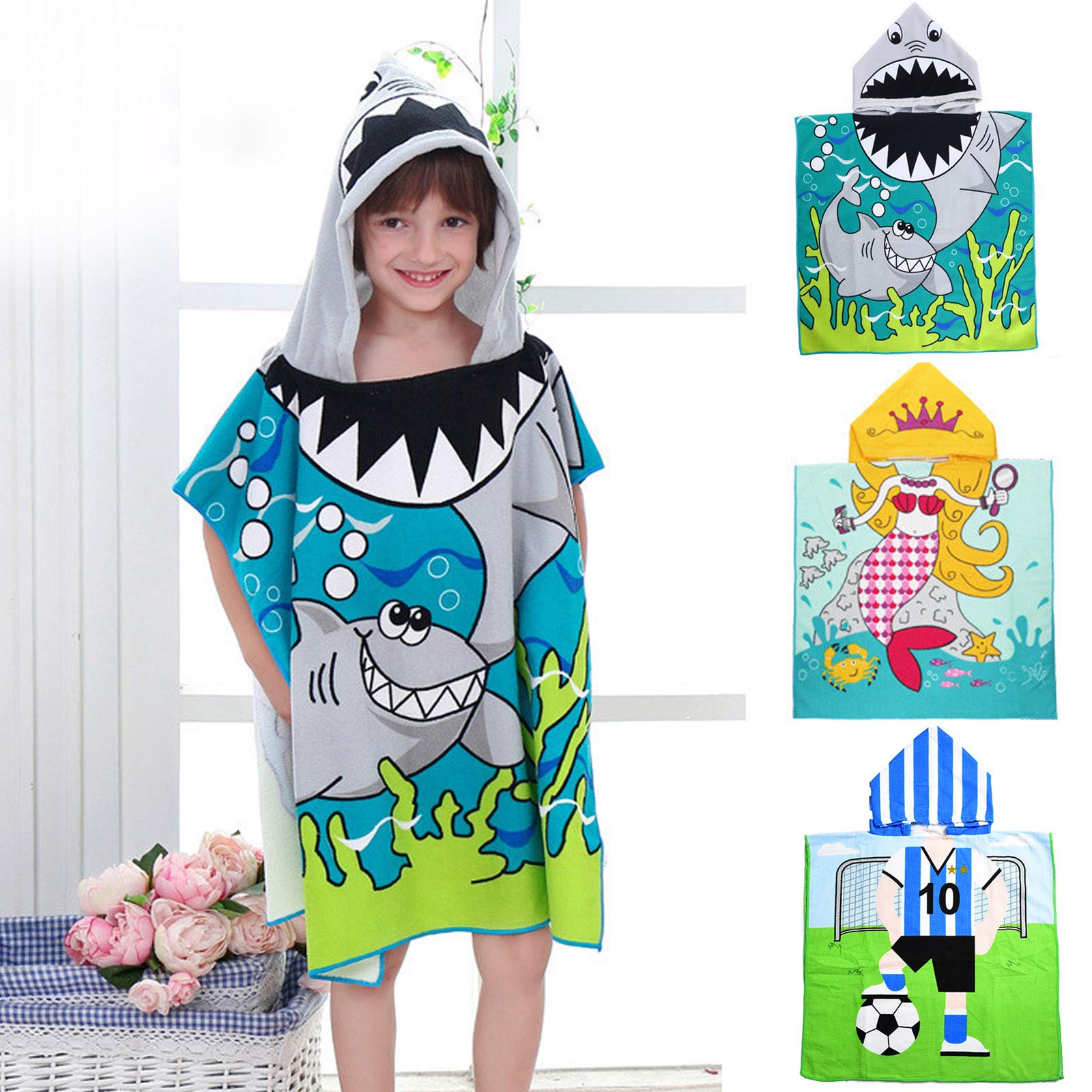 Toalla de Playa con Capucha, Manta de Baño Natación Ultra Suave Absorbente, Toalla de Baño Dibujos Animados Secado Rápido Poncho de Toalla para Niños