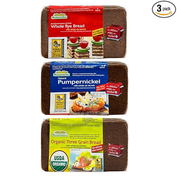 Mestemacher Natural High Fiber Bread 3 Flavor Variety Bundle: (1) Mestemacher Organic Three Grain Bread, (1) Mestemacher Pumpernickel Bread, and Mestemacher Whole Rye Bread, 17.6 Oz. Ea. (Pack of 3)