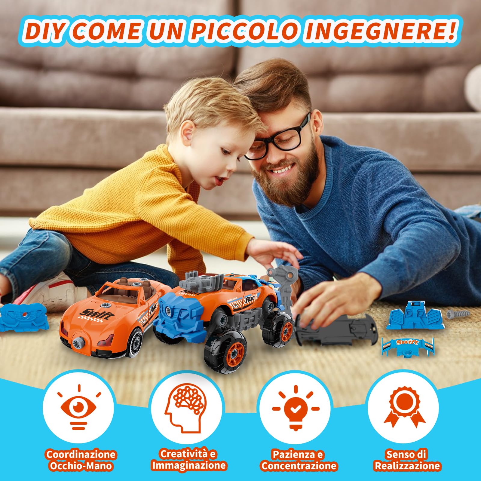 Pup Go Auto 3-in-1 Smontabile per Ragazzi di 3 4 5 6 7 8 Anni, 43 Pezzi con Trapano Elettrico, Giocattolo Camion da Costruzione, Costruisci la Tua Auto, Regalo Giochi Ideale per Bambini (Arancione)