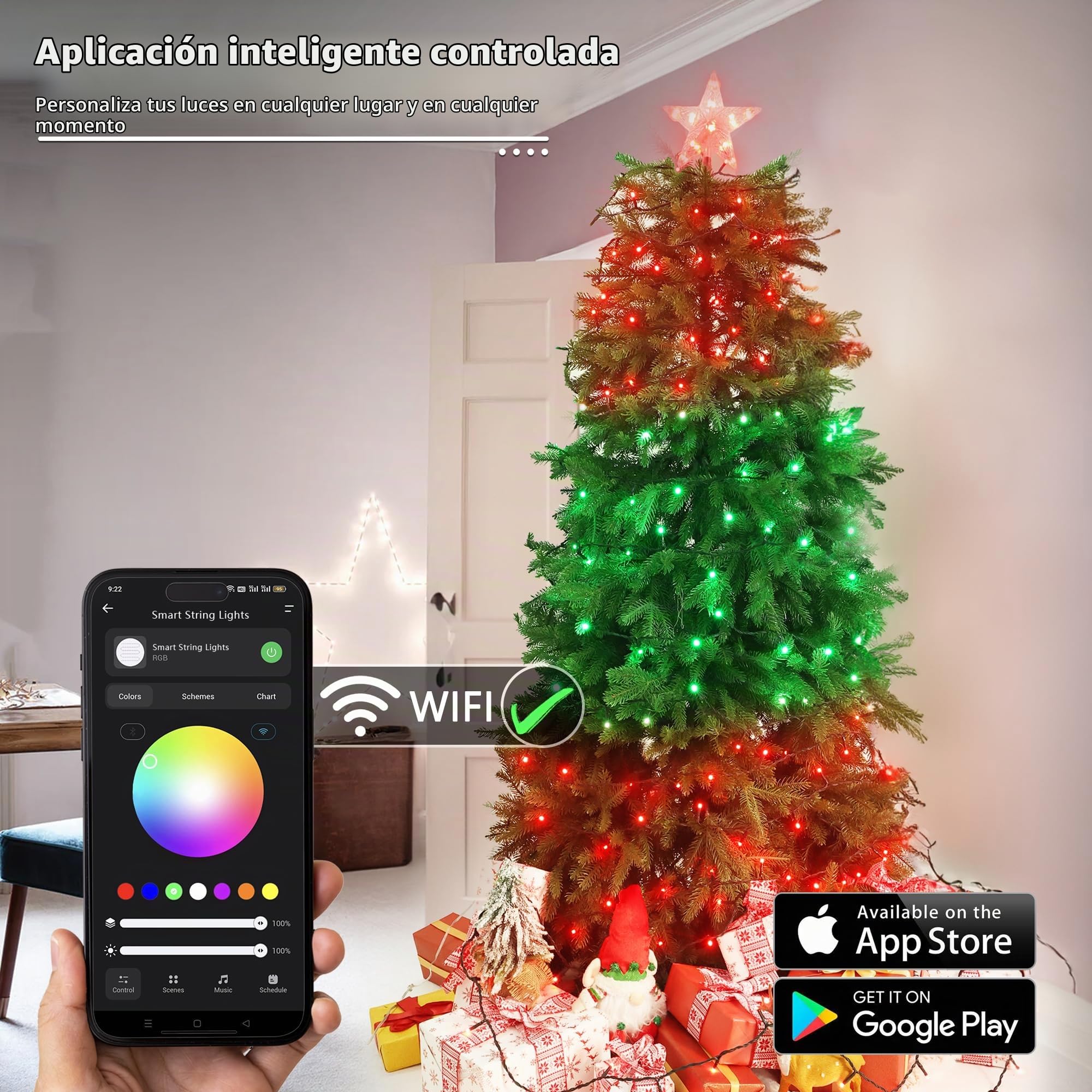 BrizLabs Luces Navidad Inteligente Exterior, 20M 200 LED RGB Cadena de Luces Árbol Navideña Interior Guirnalda de Luz Decoración para Jardín Fiesta, Control de App, Compatible con Alexa y Google Home