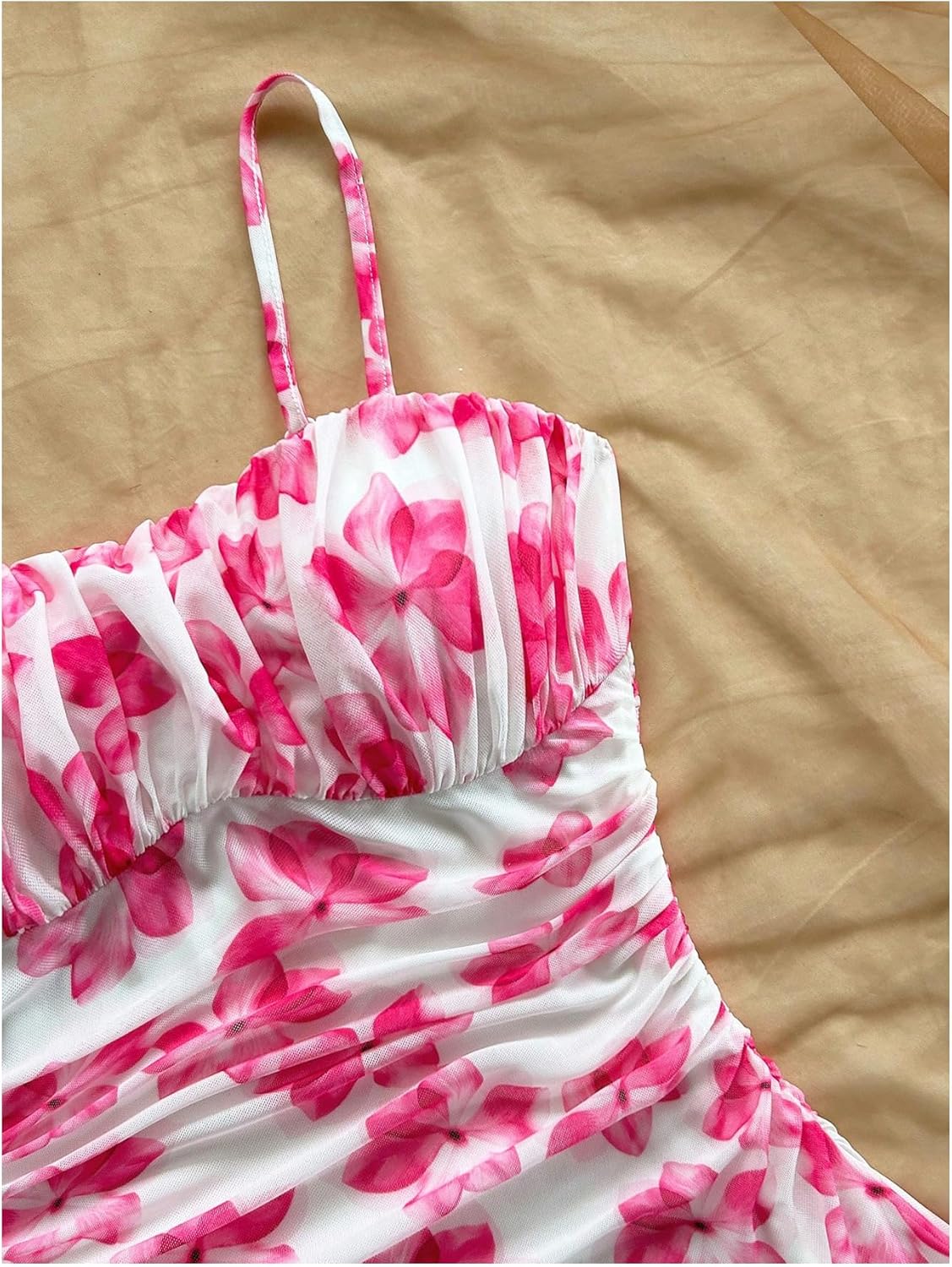 Women's Floral Cami Dress Mesh Boho Ruched A Line Summer Beach Vacation Dresses - Image 4